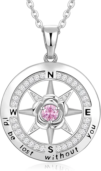 Meeshi Silver Compass Necklace for Women Birthday Gifts for Wife Anniversary Necklace for Women Rose Flower Birthstone Necklaces for Wife Jewelry for Womens Girlfriend Mom Daughter