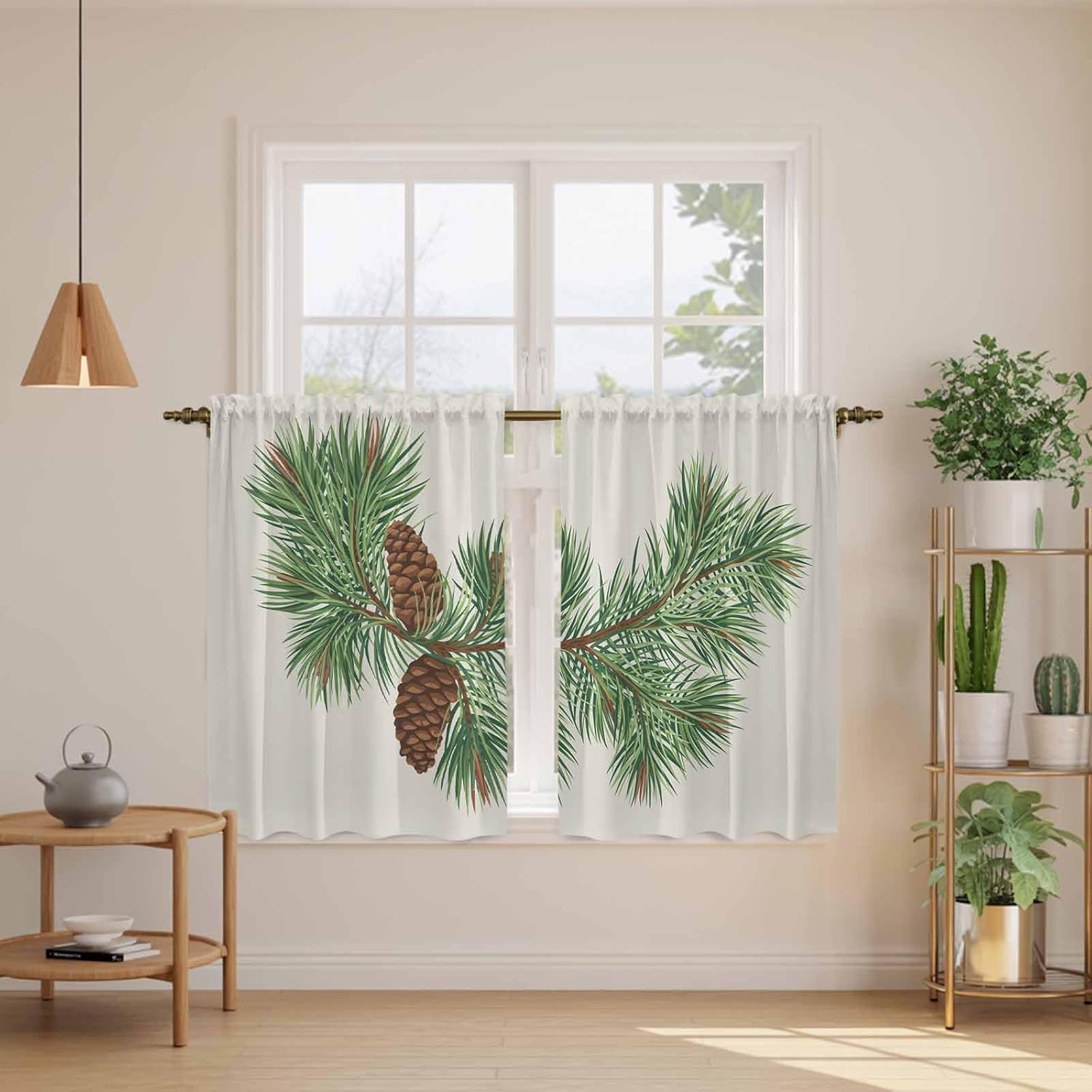 Green Pine Leaves Christmas Kitchen Tier Curtains 45 Inch Long 2 Panel Set,Rod Pocket Short Window Treatment,Xmas Botanical Pine Cones Curtains & Drapes for Bathroom Basement 27.5"W x 45"L