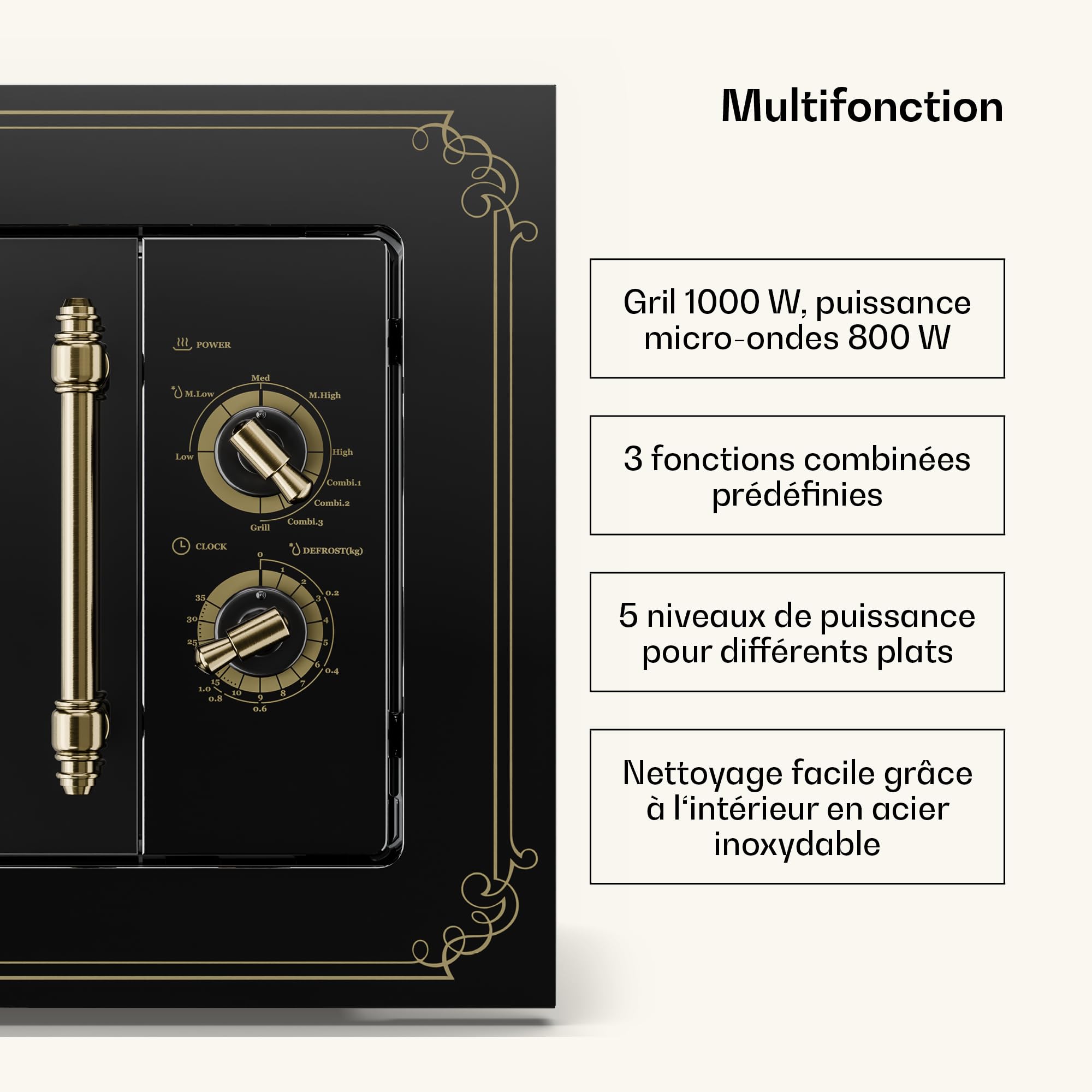 Klarstein Victoria 20 - Micro-ondes Encastrable Design Rétro, 20L, 800W/1000W Gril, 3 Fonctions, Acier Inoxydable, Cadre de Montage, Noir