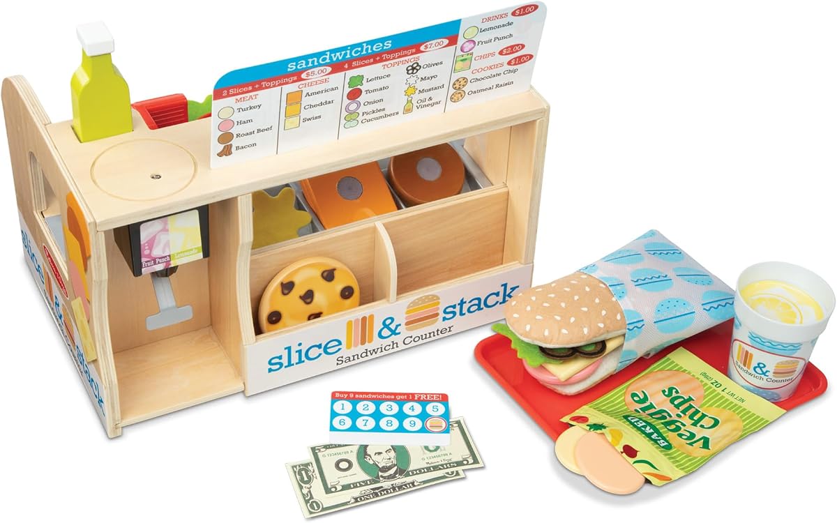 Slice-Stack-Serve, Wooden Sandwich Counter Pretend Play Store with Play Food Toys, Play Money & Deli Slicer, Preschool Toys for Kids 3+