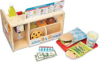 Melissa & Doug Slice & Stack Wooden Sandwich Counter Playset - Pretend Deli Store with 52 Food Toys, Slicer & Play Money for Kids 3+