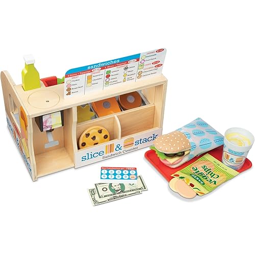 Melissa & Doug Slice-Stack-Serve, Wooden Sandwich Counter Pretend Play Store with Play Food Toys, Play Money & Deli Slicer, Preschool Toys for Kids 3+