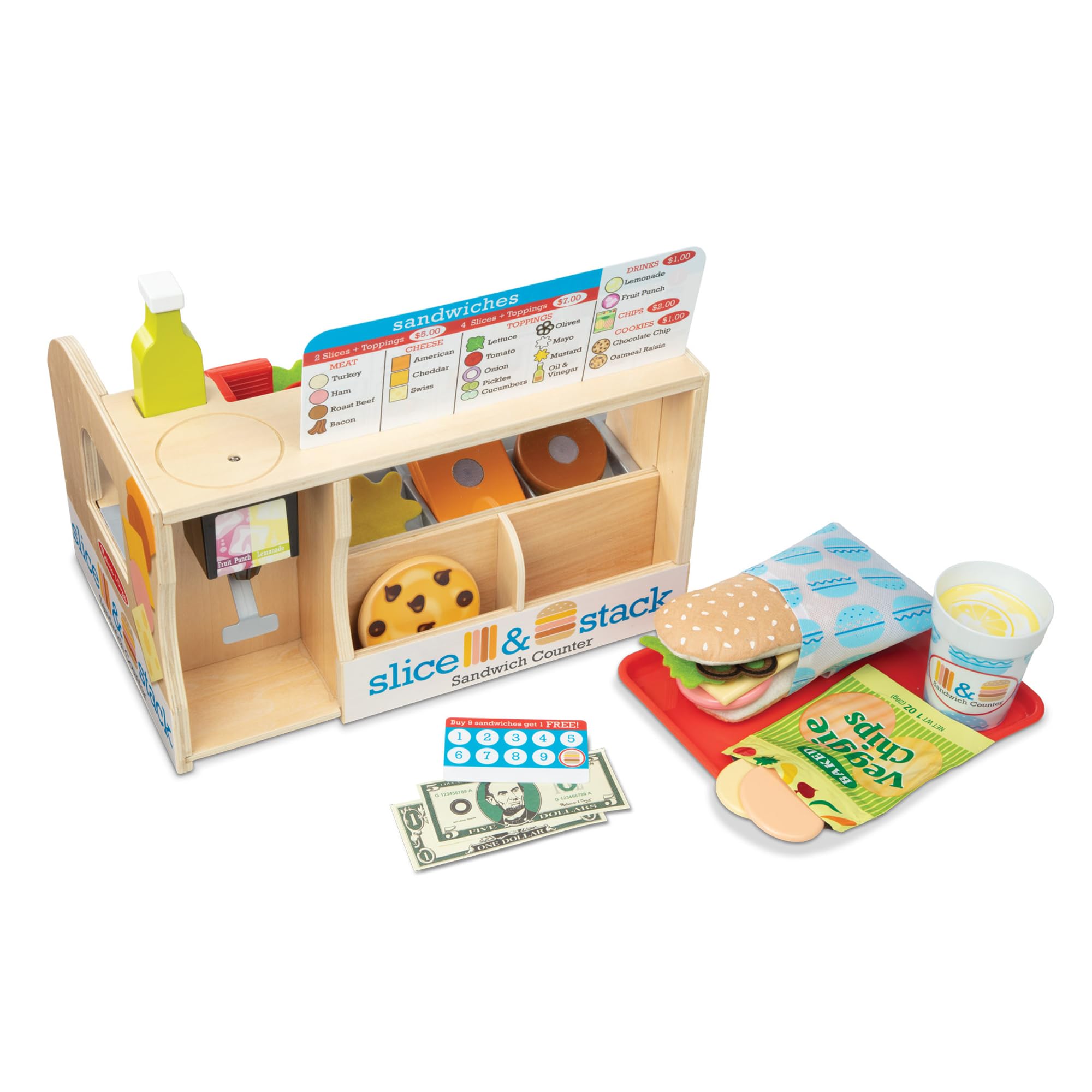 Melissa & Doug Slice-Stack-Serve, Wooden Sandwich Counter Pretend Play Store with Play Food Toys, Play Money & Deli Slicer, Preschool Toys for Kids 3+