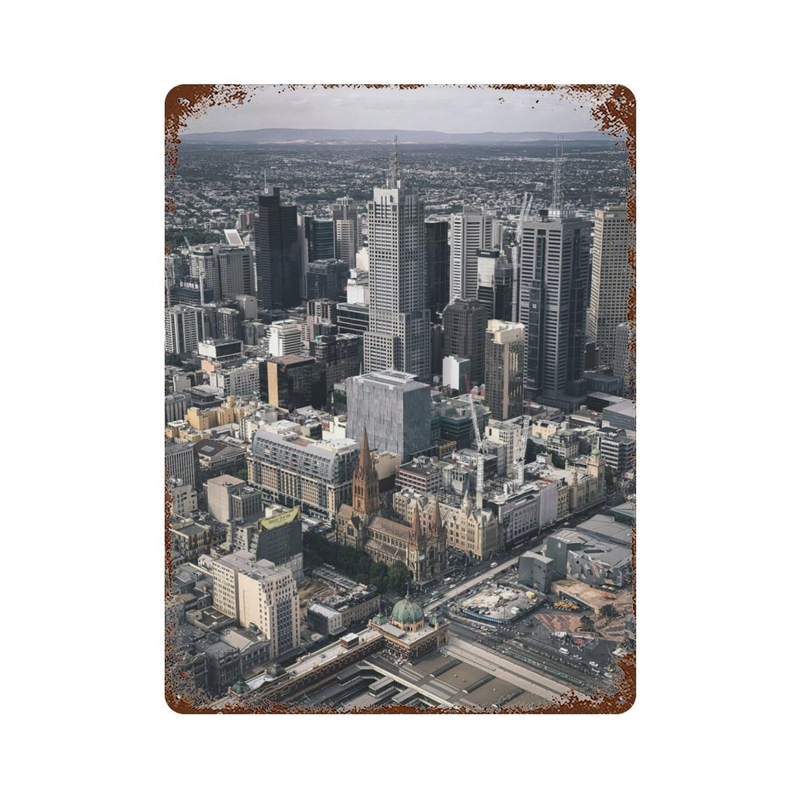 Melbourne Rusty Metal Tin Sign 15.7"x11.8", Ideal for Farmhouse, Kitchen And Entryway Decor