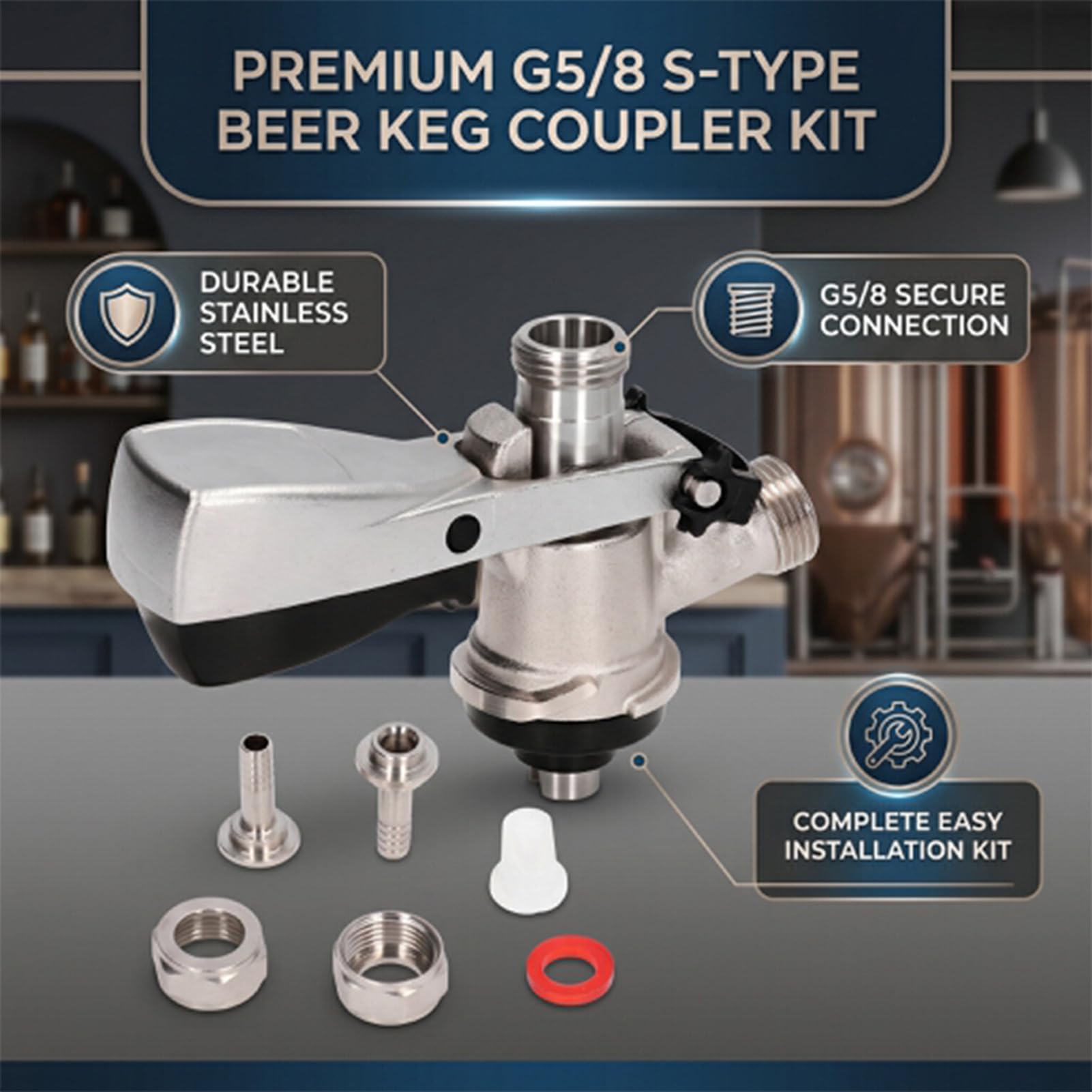 Kegverschluss Zapfkopf, G5/8 Gewinde Keg Flachkeg Typ S Bierausgang Edelstahl Fassverteiler Brauen Fassbier Fasshähne Bierzapfhahn für Bars Restaurants Heimbrauen