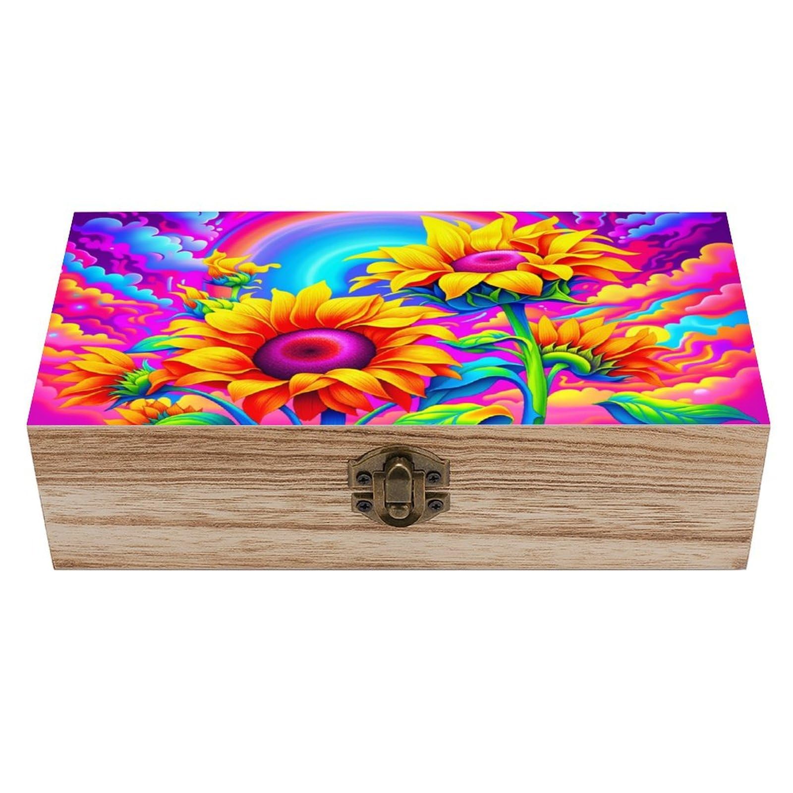 asbwuo Rainbow Sunflower Vintage Wooden Keepsake Box