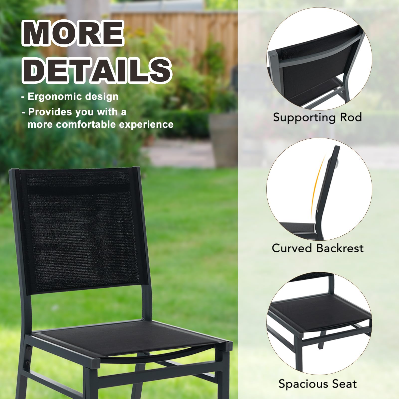 KOMFOTTEU Juego de 1/2 Sillas de Jardín de Tela, Silla Terraza Exterior con Marco de Aluminio, Asiento Económico con Respaldo Alto, Carga 150 kg, para Balcón, Patio, Negro (1)