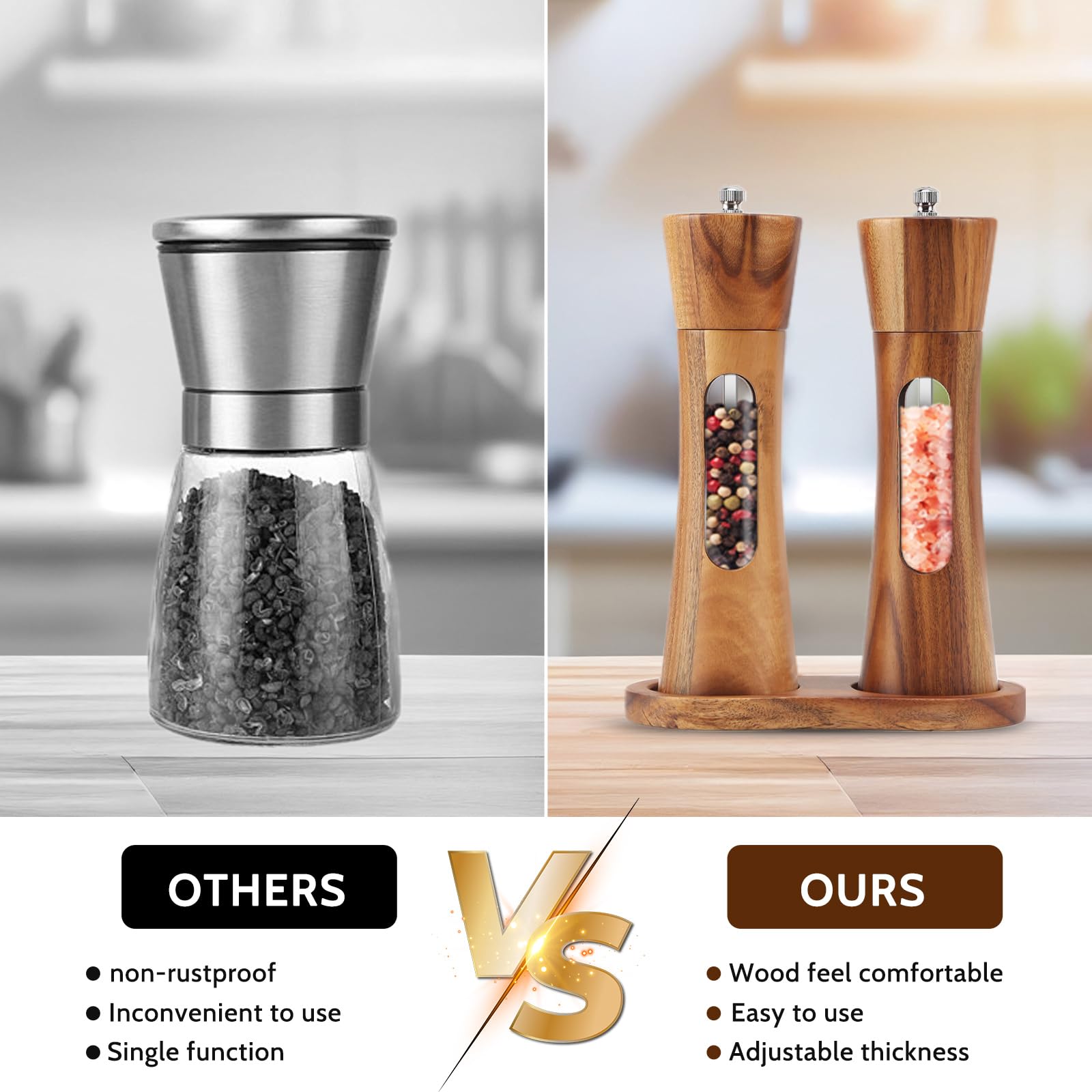 Sonhomay Acrylic Salt and Pepper Grinder Set Wooden Manual Spice Pepper Mills with Adjustable Ceramic Grinding Core Manual Salt and Pepper Mills with Wood Tray - Image 4