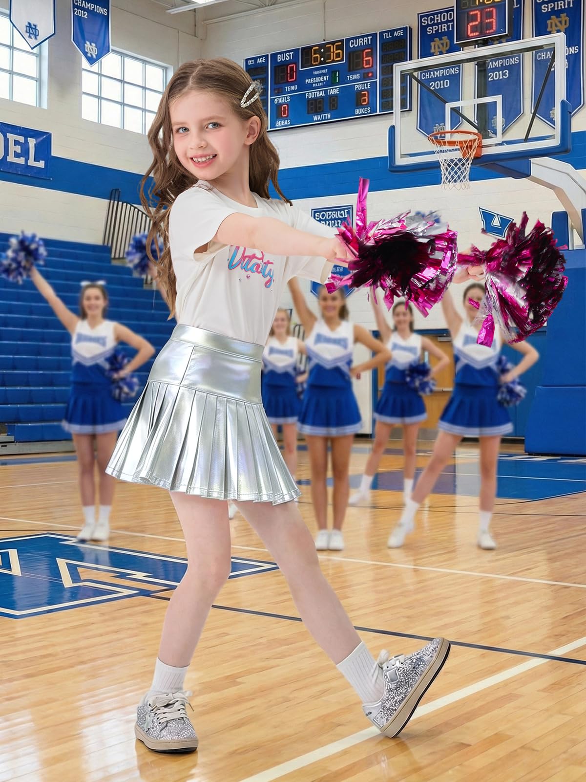Miipat Falda Plisada Metalizada para Niña, Faldas Infantil Brillantes Cintura Alta Elástica Minifaldas Pantalón con Forro y Bolsillo para Baile Tenis Festa