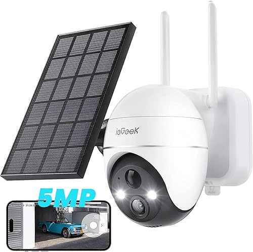 ieGeek Cámaras de seguridad de 5 MP inalámbricas en el exterior, cámara solar inalámbrica WiFi 360 PTZ con batería con foco y sirenadetección de
