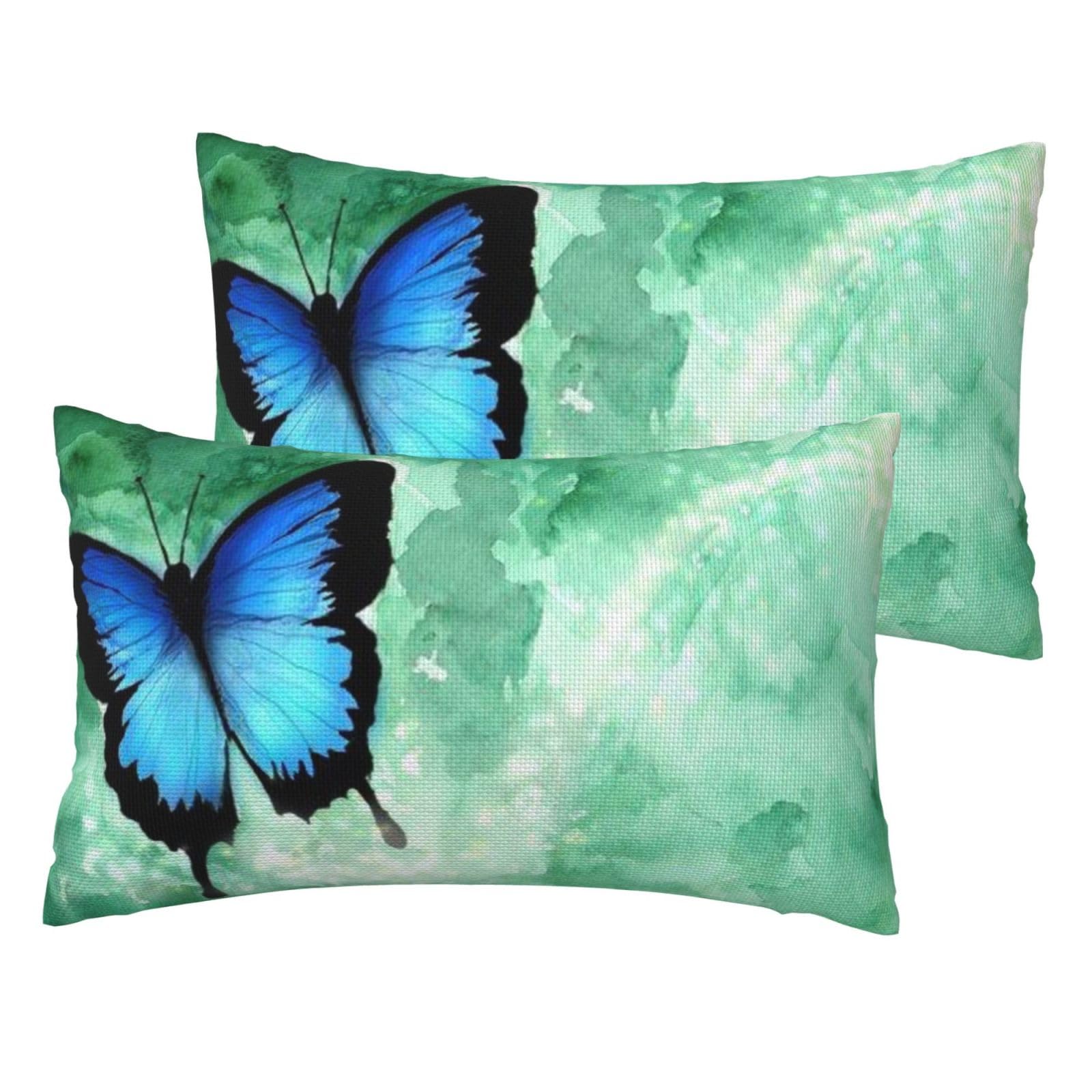 Housse de coussin imitation lin papillon bleu : textile raffiné