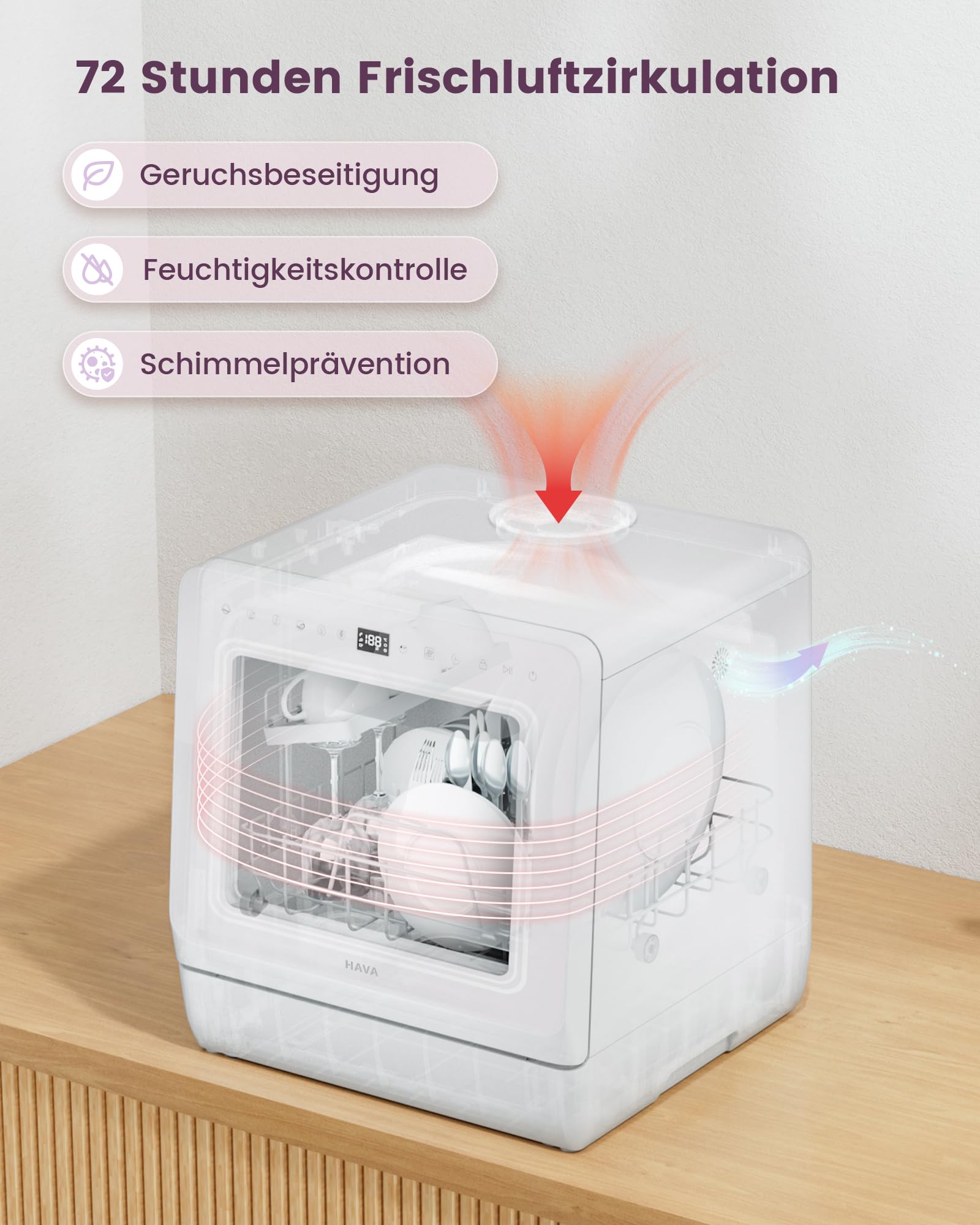 HAVA Tischgeschirrspüler mit Wasserenthärter, 8 Programmen, Kindersicherung, verzögerter Start, keine Installation erforderlich - Zarter Flieder