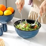 65oz Ceramic Mixing Bowls Set of 2, Deep Large Ribbed Serving Bowls for Salad, Pasta, Ramen, Soup, Durable Kitchen Bowl Set, Microwave Oven Dishwasher Safe Porcelain,Blue
