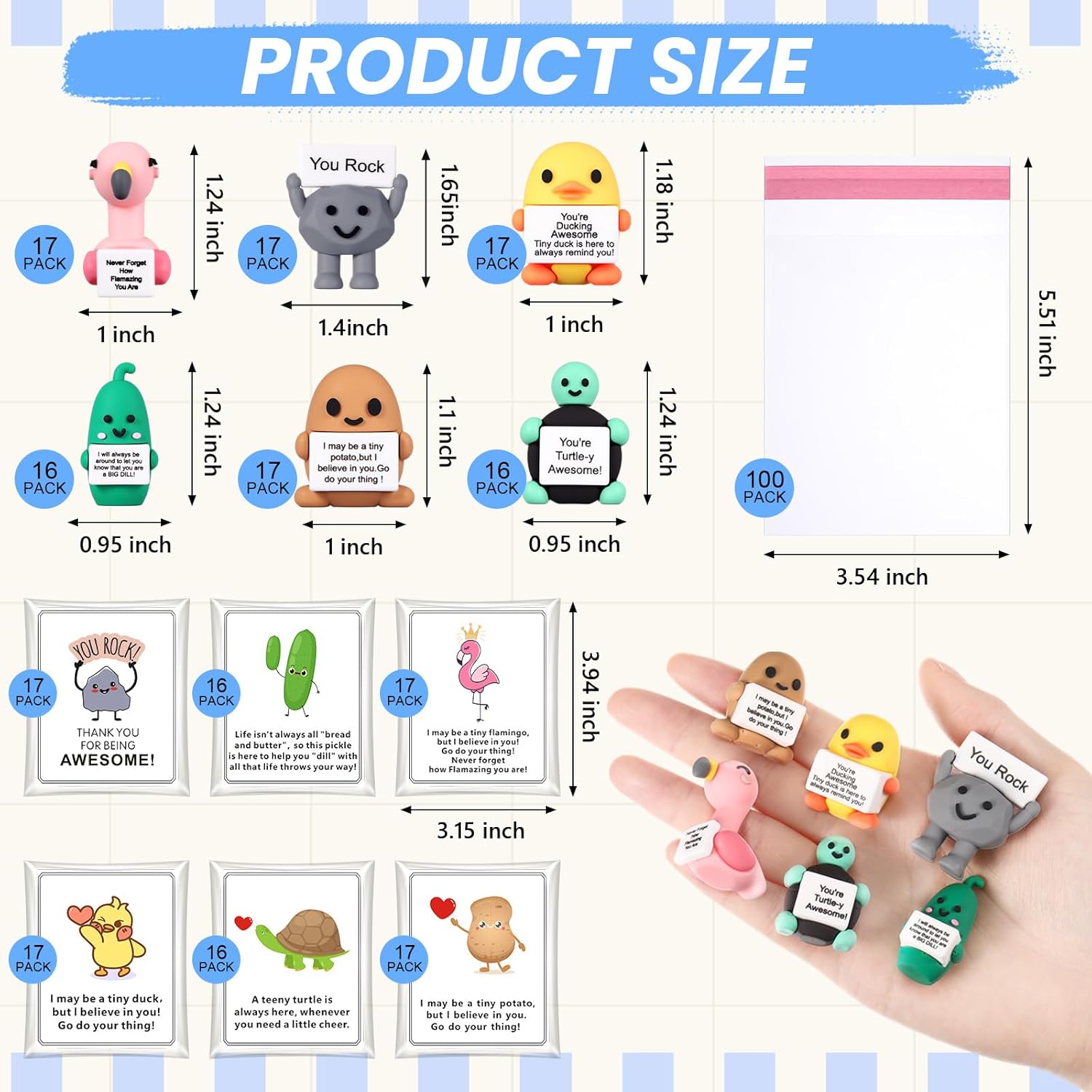 Gejoy 100 Sets Positive Mini Figures Gifts Mini Rubber Toy with Positive Card Bags Miniature Emotional Inspirational Birthday Gifts to Hide and Seek Encouragement Decorations for Coworkers Employees