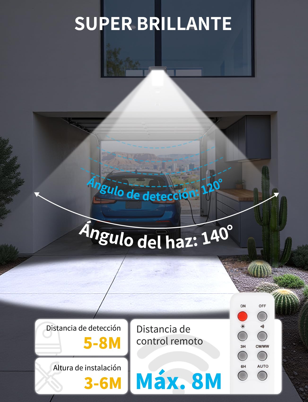 Aigostar 400W Farola Solare Exterior, 20000mAh Batería de Gran Capacidad, 3000K/4500K/6500K Ajustables, 4000LM, IP65, No Incluye Soporte, Farola LED con Sensor para Patio, Entrada del Garaje, 2Uds
