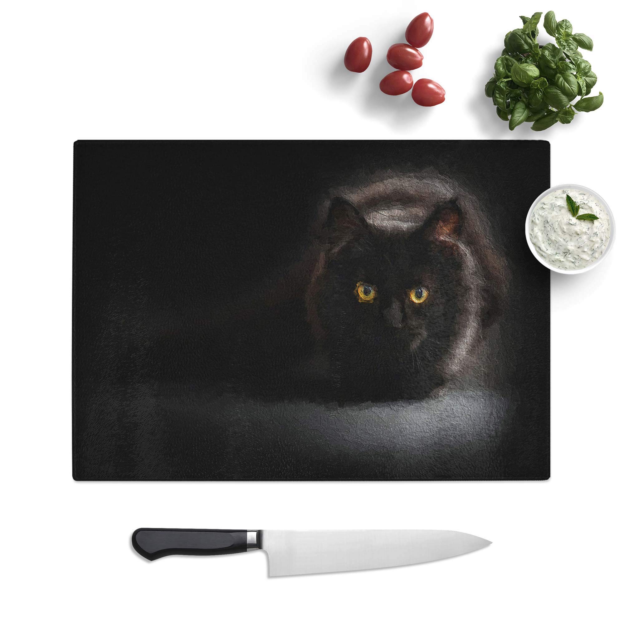 Glass Chopping Board - Black Cat with Yellow Eyes - Textured Worktop Saver Cutting Board - Heat Resistant, Shatterproof and Hygenic - 28.5 x 20 cm