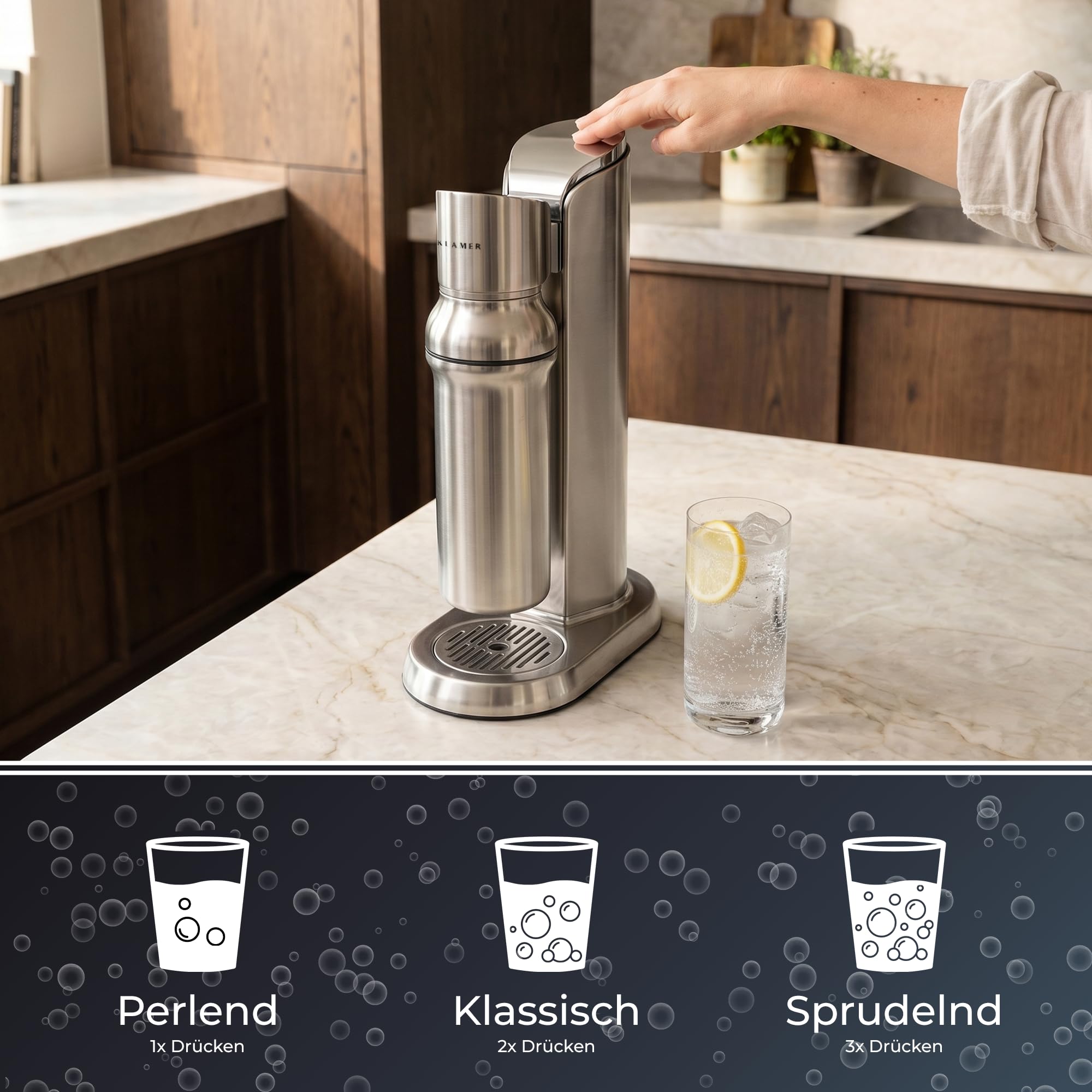 KLAMER Wassersprudler Edelstahl mit Glasflasche, 0,65 MPa Druck, One-Touch-Bedienung, Spülmaschinenfeste Glasflasche, Abtropfschale, Kompatibel mit Standard CO2 Zylinder 60mm