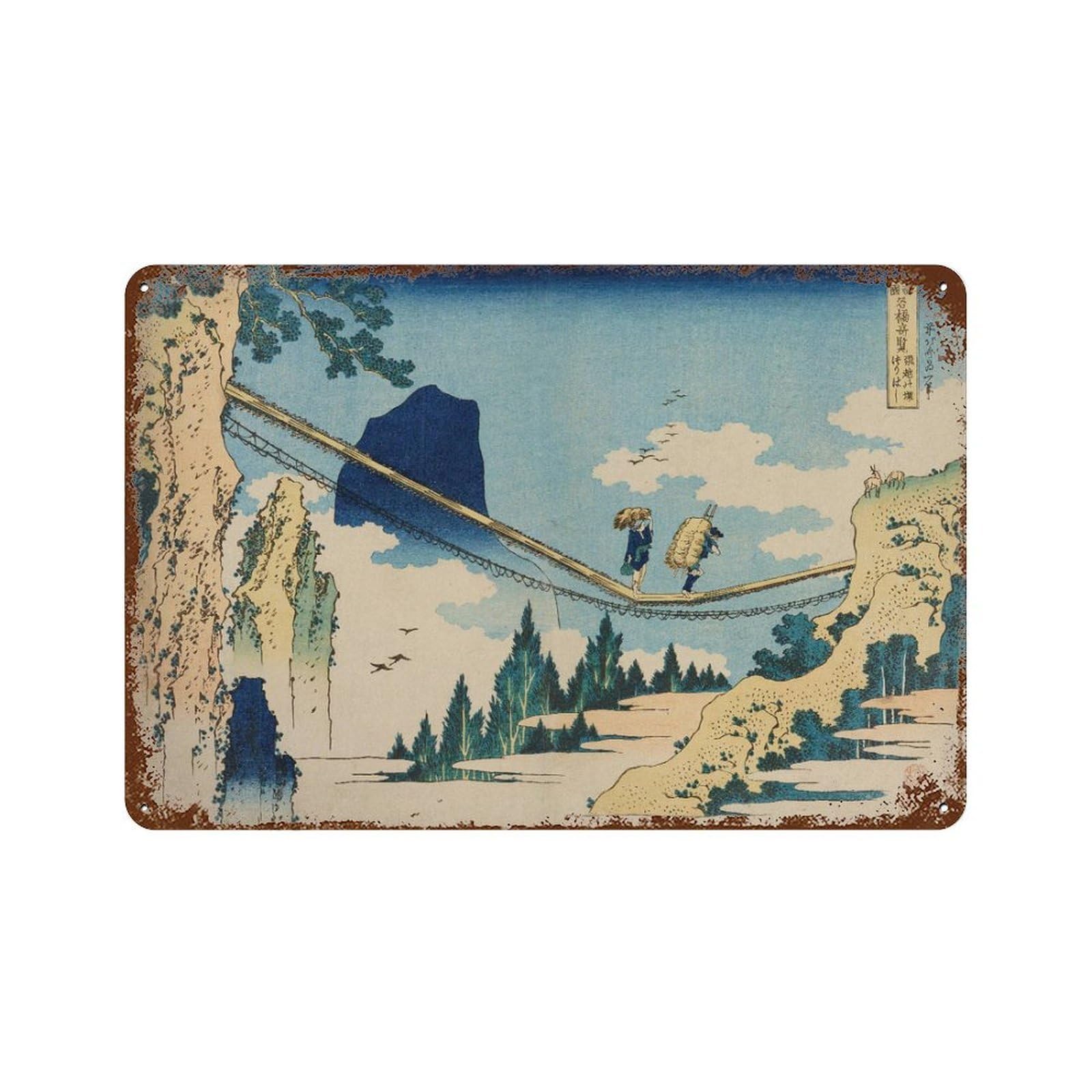 xiaoxiaoshen Hokusai Suspension Bridge Japanese Woodblock Wall Decor Art Metal Tin Poster Modern Home Decor Art Home Bar Shop Decorations Vintage Sign 20x30cm