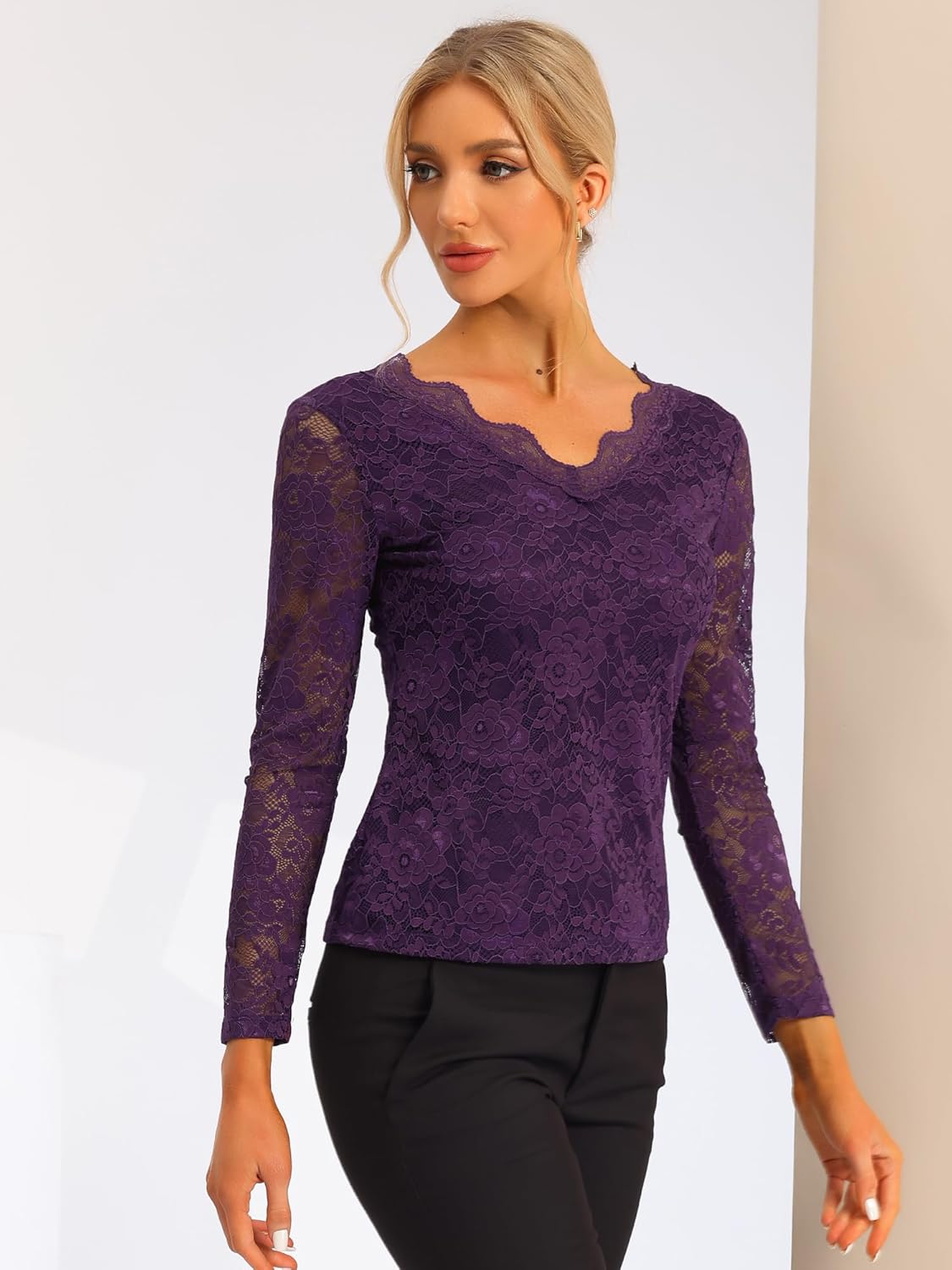 Allegra K Women's Floral Embroidery Sheer Long Sleeves Lace Blouse Top - Image 3