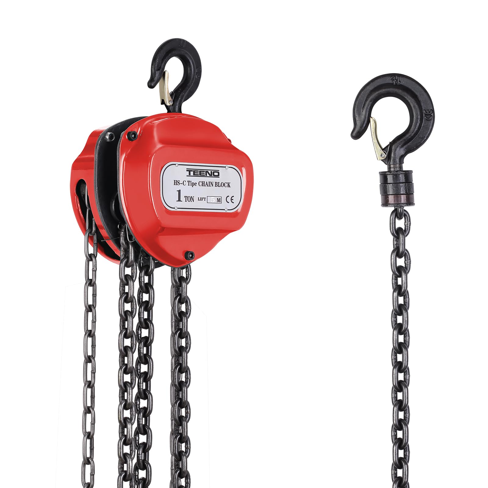 TEENO Polipasto de Cadena Manual, 1 Tonelada, Polipasto de Cadena de Palanca de 5 m, Cadena G80, Rojo, Para Operaciones de Elevación en Silvicultura, Talleres, etc