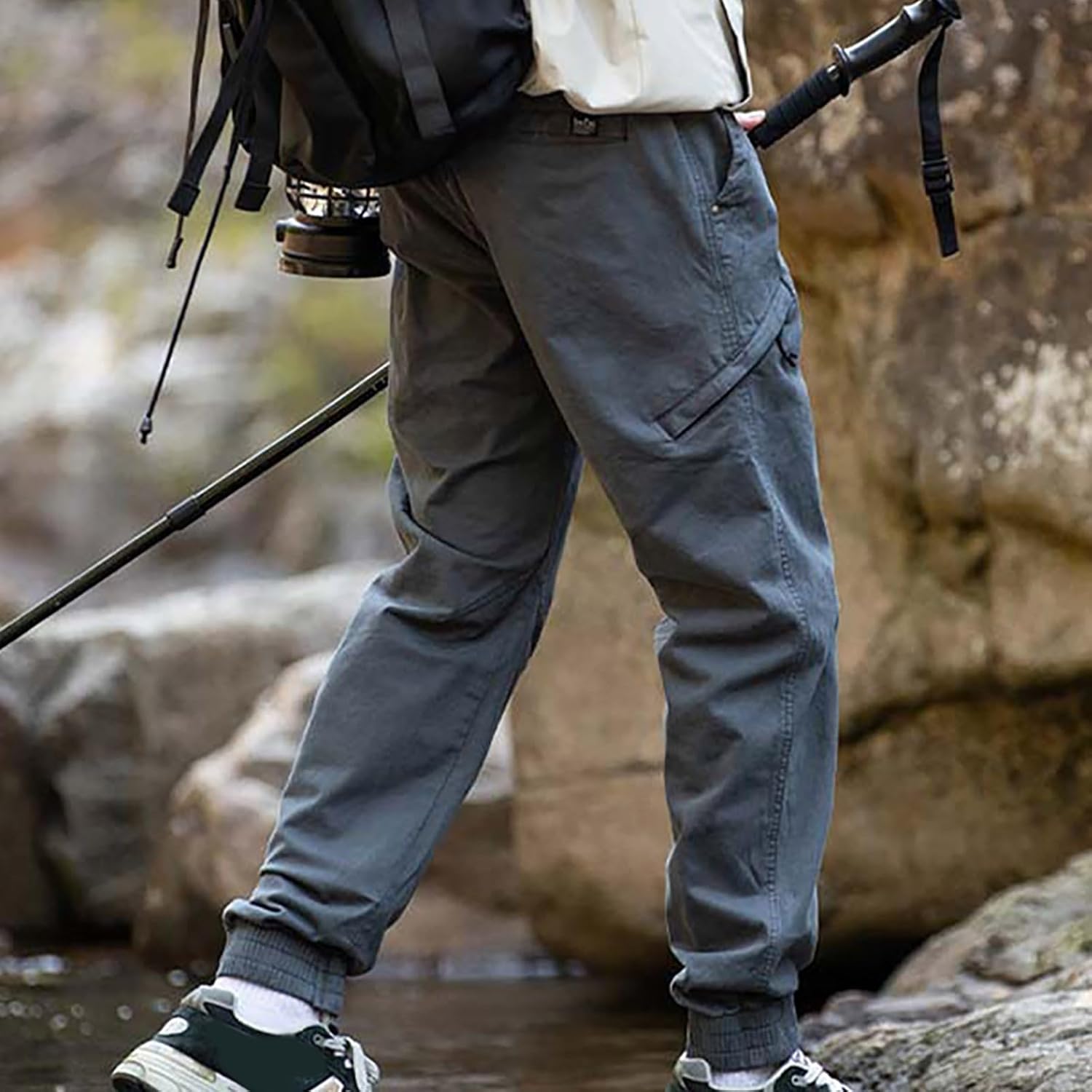 Men's Cotton Cargo Pants Casual Baggy Elastic Waist Joggers Outdoor Hiking Fishing Work Pant with Multi Pockets