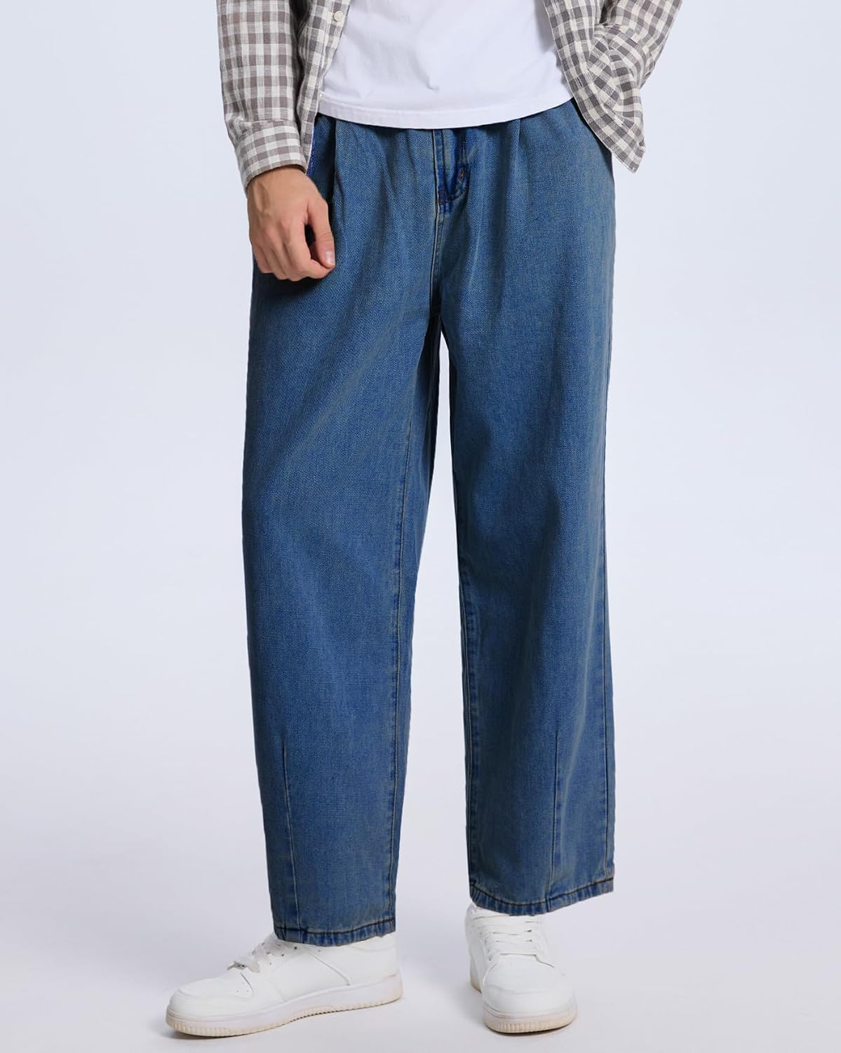 YEXPINE Baggy Jeans for Men Pleated Wide Leg Elastic Waist Denim Pants Y2K Streetwear