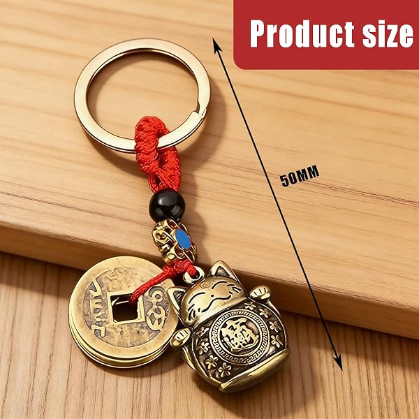 Porte Clés Maneki Neko Porte,Bonheur Japonais,Chat Porte Bonheur avec Feng Shui,Portes Clef Chat Chance pour Nouvel an Chinois,Lucky Charms Tai Sui Key Ring,avec Cinq Empereurs Argent - 2