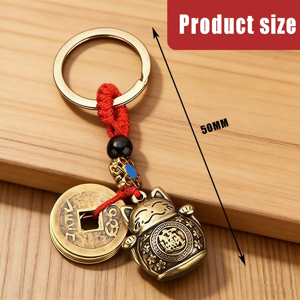 Porte Clés Maneki Neko Porte,Bonheur Japonais,Chat Porte Bonheur avec Feng Shui,Portes Clef Chat Chance pour Nouvel an Chinois,Lucky Charms Tai Sui Key Ring,avec Cinq Empereurs Argent - 2