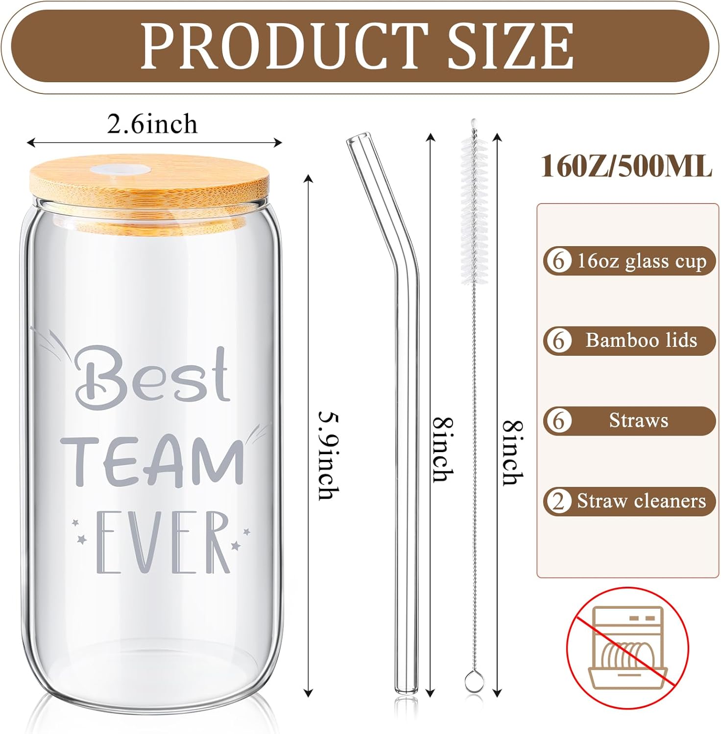 12 Sets Employee Appreciation Gifts Team Thank You Gifts for Staff Coworker Inspirational and Motivational Glass Cups 16 oz Can Shaped Beer Glass with Lids Straws Brushes - Image 2