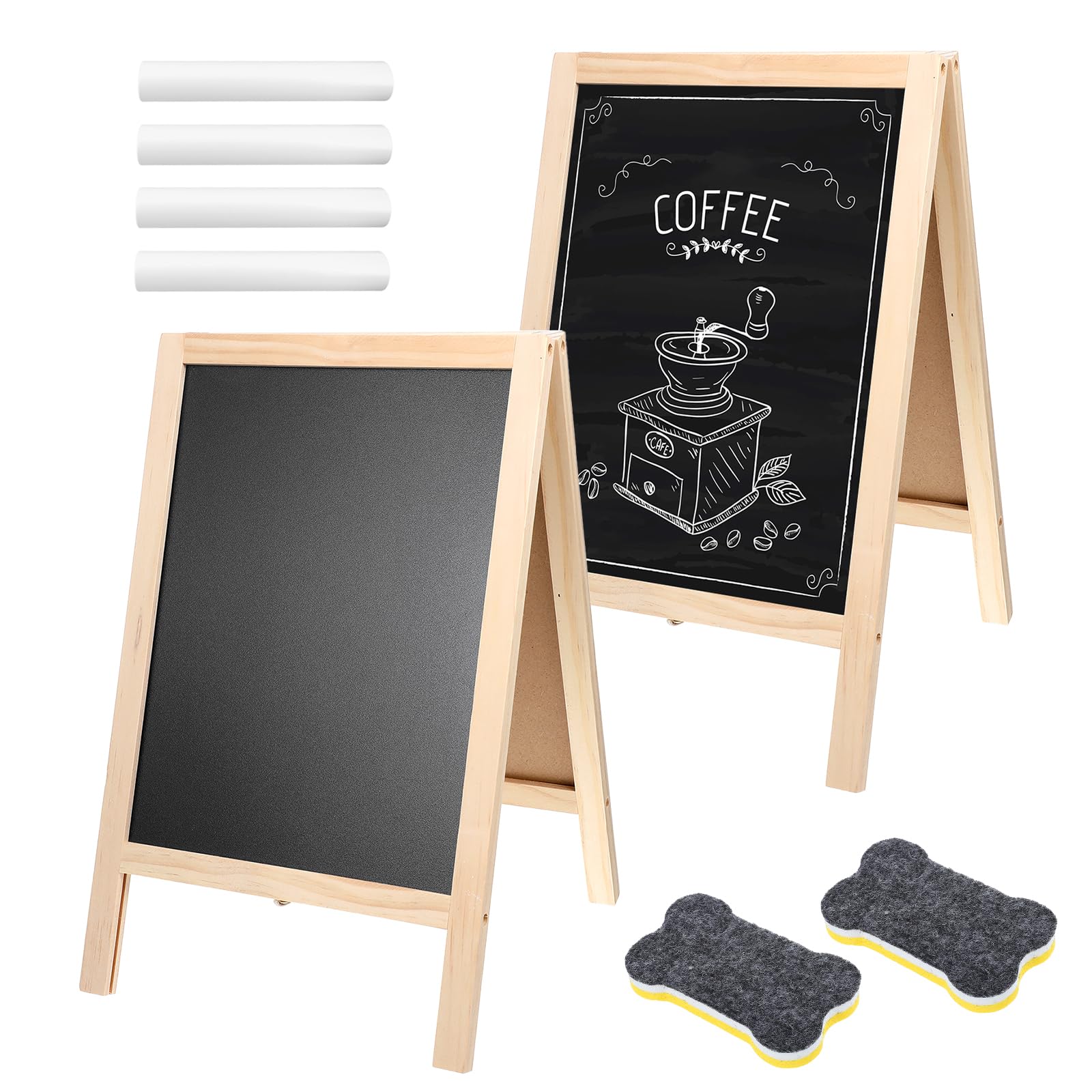 Photo 1 of 2 Pcs 15.7 x 9.8 Inch Small Chalkboard Signs Chalkboard Easel Tabletop Menu Wooden A Frame Sandwich Board Double Sided with 2 Erasers for Bar Wedding Parties Display Home Decor Sidewalk (Wooden)