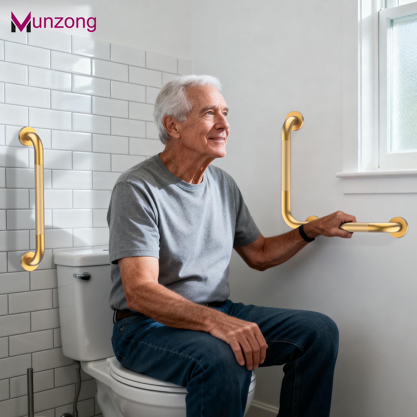 Munzong - Barras de agarre doradas para bañeras y duchas, barra de agarre en ángulo de 16 pulgadas, mango de seguridad estriado de acero inoxidable antideslizante para personas mayores