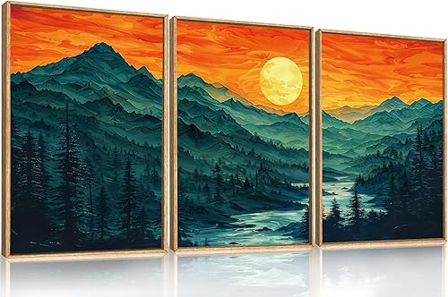 Miniatura 1 de Juego de arte de lienzo enmarcado con montaña del bosque, pintura abstracta de la pared, diseño bohemio de puesta de sol, paisaje natural moderno,