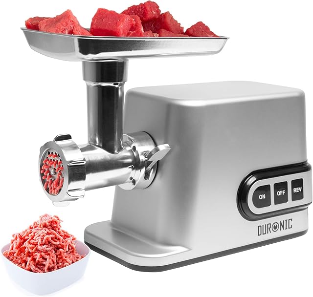 Duronic Electric Meat Grinder and Mincer MG301 | Burger, Sausage, Mince and Kibbe Maker | Powerful Motor: 3000W Max | Silver | 7 Attachments Included to Grind a Variety of Poultry, Meat & Vegetables