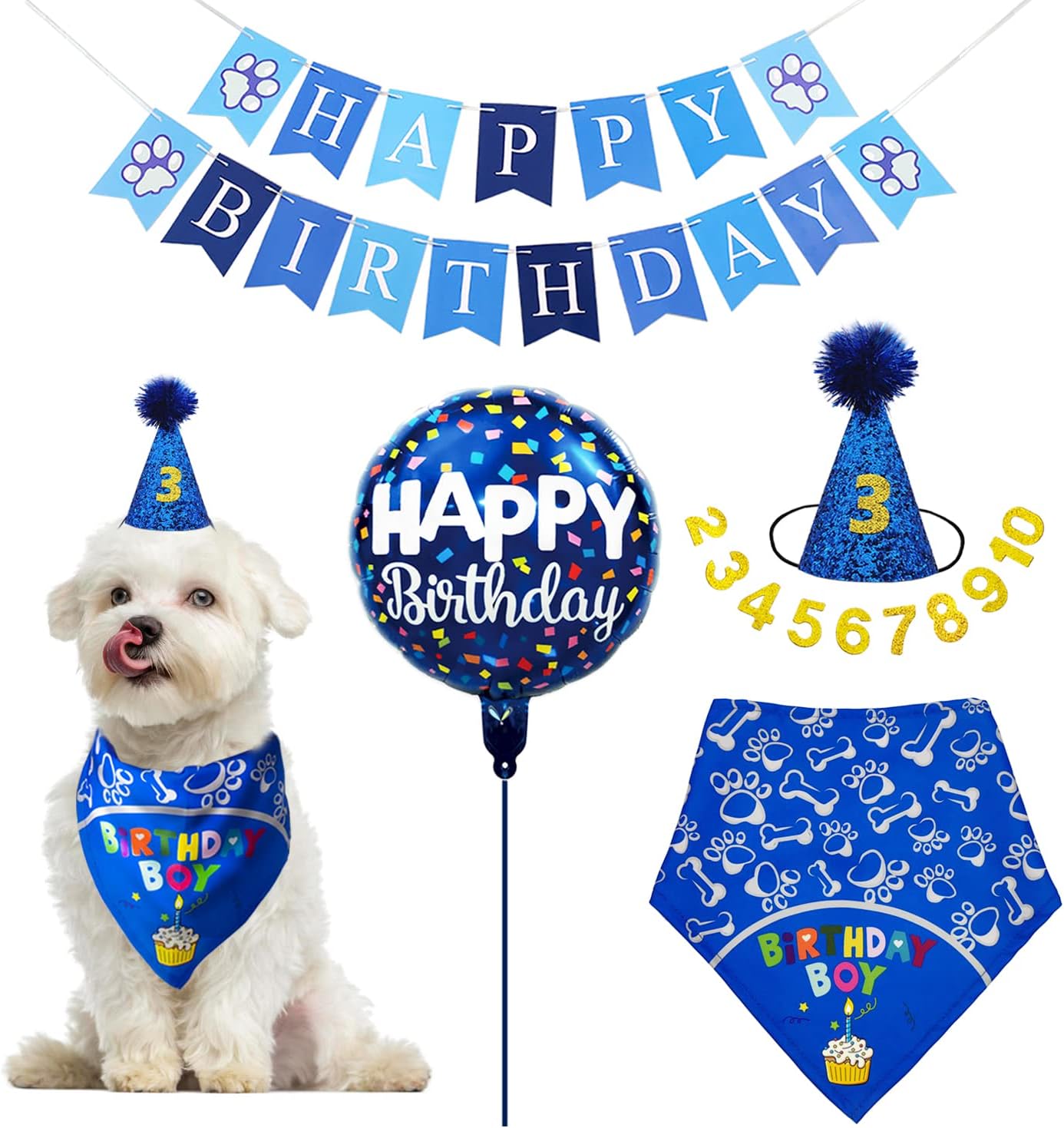 Do-DottiiDog Birthday Party Supplies Cut Dog Birthday Hat Happy Birthday Banner Balloon Birthday Boy Bandana Pet Birthday Scarf Accessories Decorations for Small Medium Cat Dogs (Small, Blue)