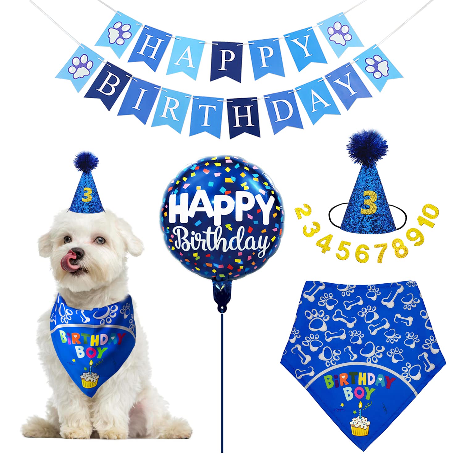 Do-DottiiDog Birthday Party Supplies Cut Dog Birthday Hat Happy Birthday Banner Balloon Birthday Boy Bandana Pet Birthday Scarf Accessories Decorations for Small Medium Cat Dogs (Small, Blue)