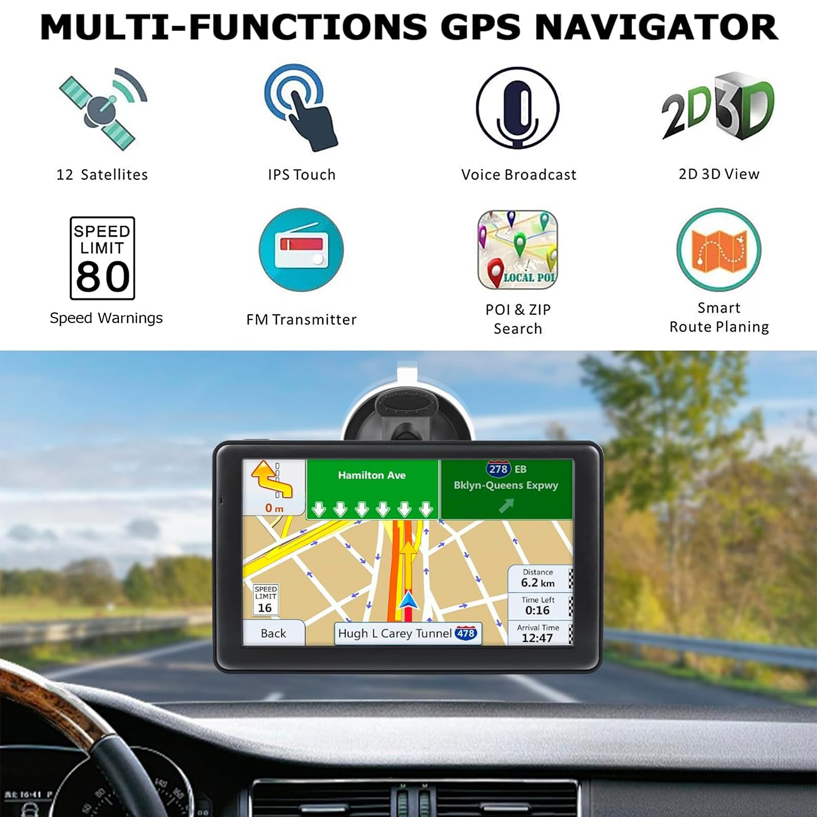 7 Inch Sat Navs for Cars, Truck, 7in HD GPS Navigation with UK Europe Maps, Lifetime Free Updates, Satnav support Postcode Search, Voice Guidance, Speed Camera Alert, Lane Guidance Assist, POI - 2