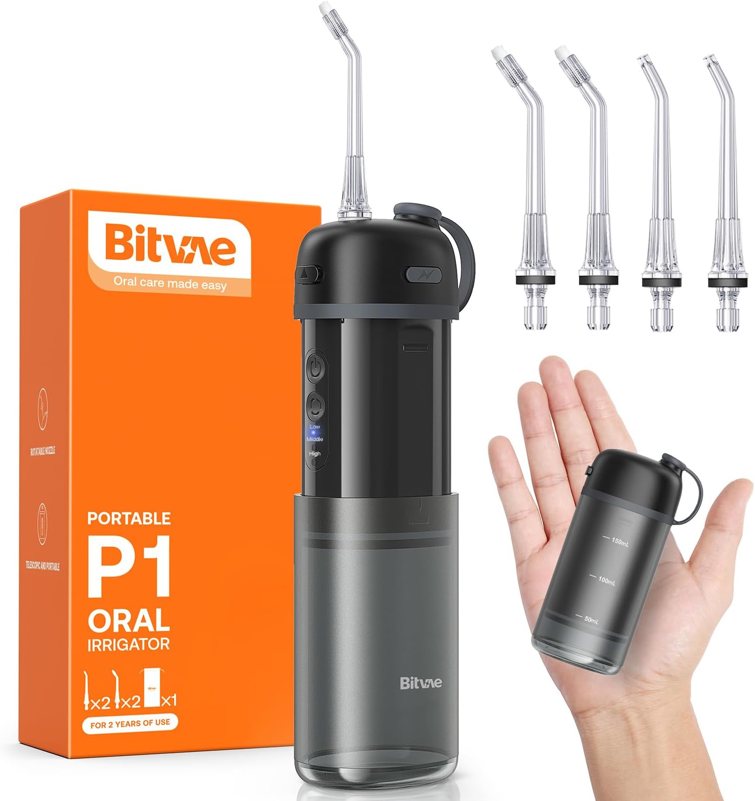 Bitvae P1 Water Dental Flosser, Travel Water Teeth Picks, Cordless Mini Water Cleaner Picks with Telescopic Water Tank, IPX7 Waterproof Flossing Cleaning Picks, Brace & Sensitive Teeth Care, Black