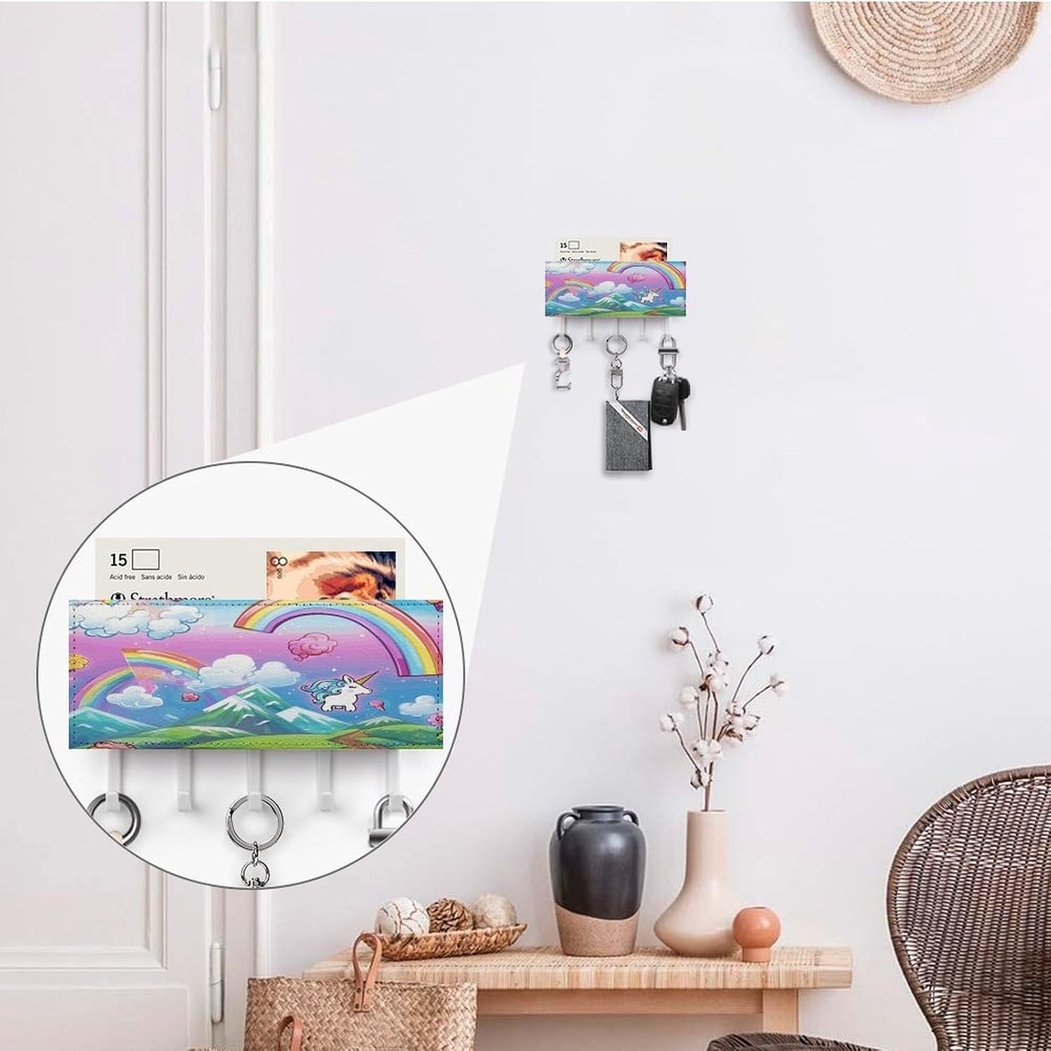 Key Holder Wall Mount Key Hanger with 5 Hooks, Decorative Key Rack | Rainbow Hanging Key Hooks with Mail Organizer for Wall Living Room Kitchen Bathroom Hallway