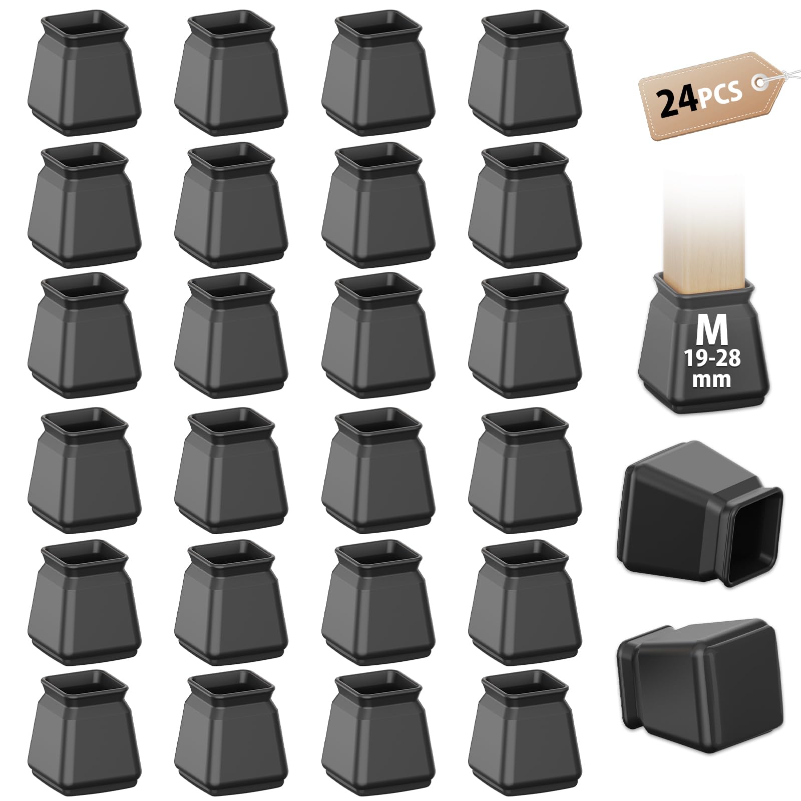 24 Pcs Square Black Chair Leg Floor Protectors, Anti-Scratch Rubber Feet Caps for Chair Table Sofa Legs, Chair foot glide carpet protector, Protect Wooden Floors and Reduce Noise(Fit:19-28mm)