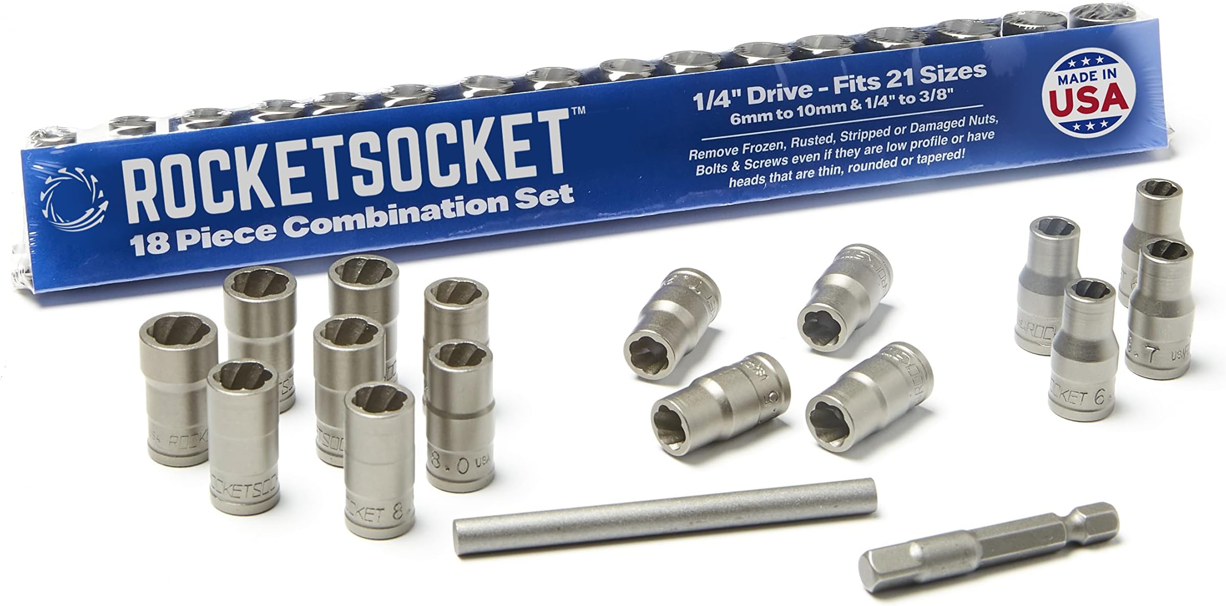 | 18 Piece ¼” Drive Bolt Lug Nut Extractor Socket Tool Set | RAZORGRIP Technology Extract Damaged Frozen Rusted Rounded-Off Bolts Nuts & Screws | Made in USA Steel