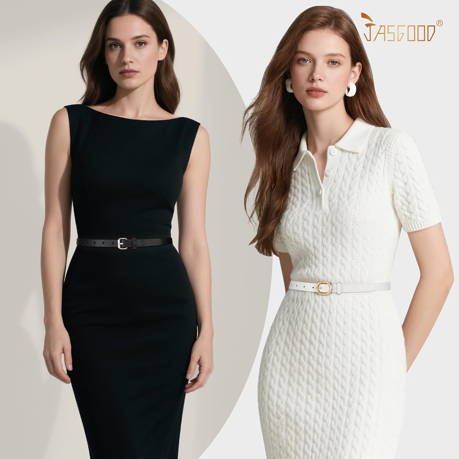 JASGOOD 4 Pack Women Skinny Leather Belt for Dresses with Gold Buckle Ladies Thin Waist Belt for Jeans Pants，Brown+Blue+Black+White - Image 5