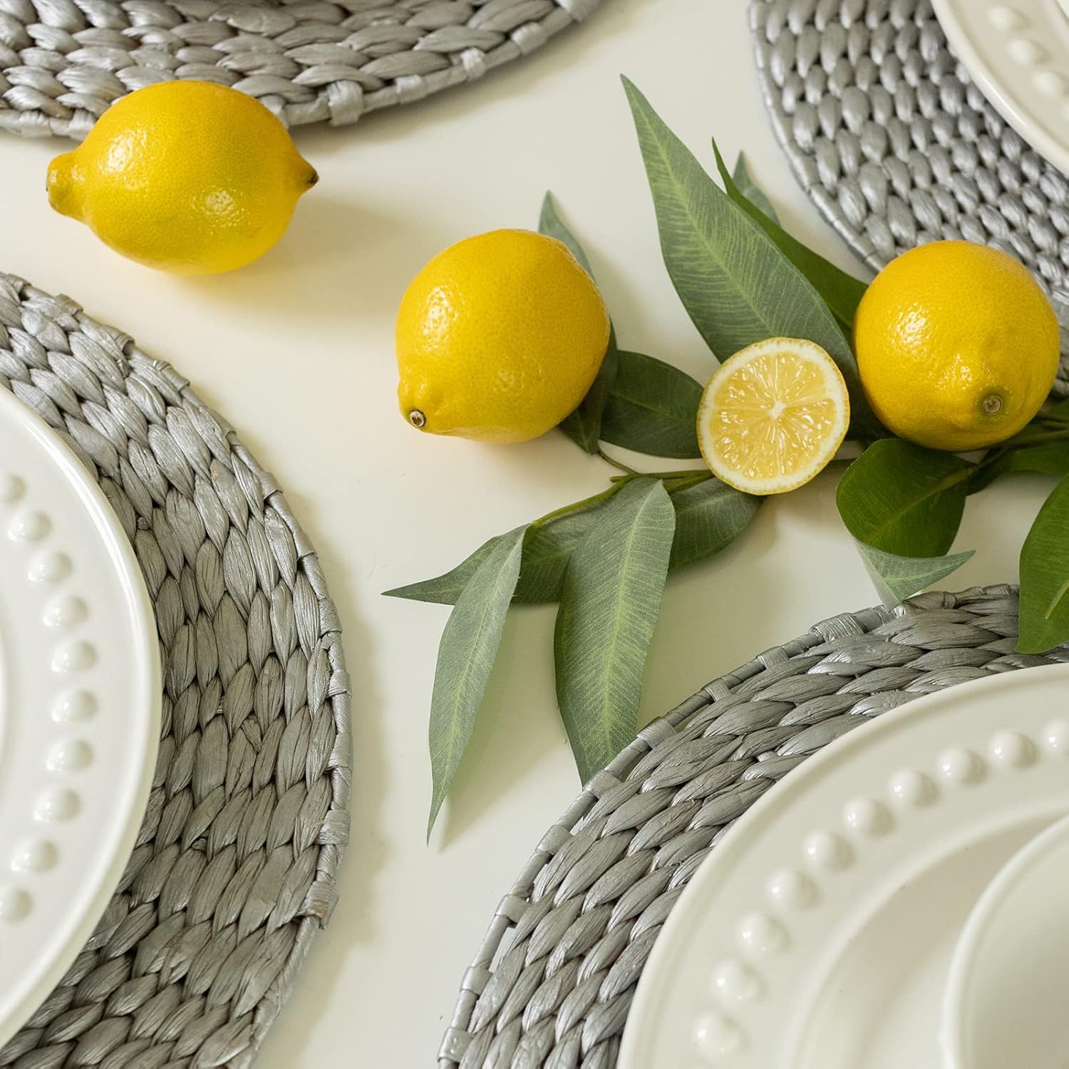 Benson Mills Water Hyacinth Braided Round Placemat Set of 4, for Everyday, Parties, Holiday, Winter, and Christmas Place Mats (Silver, 13.5" Round)