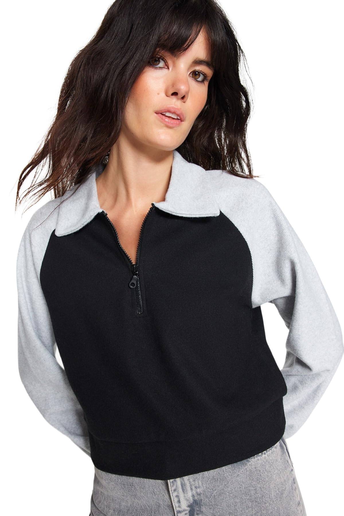 Trendyol Collection Damen Schwarz Es Thessaloniki/Strickoptik Farbblock Reißverschluss Polokragen Kurz Strick Sweatshirt Für - Groß