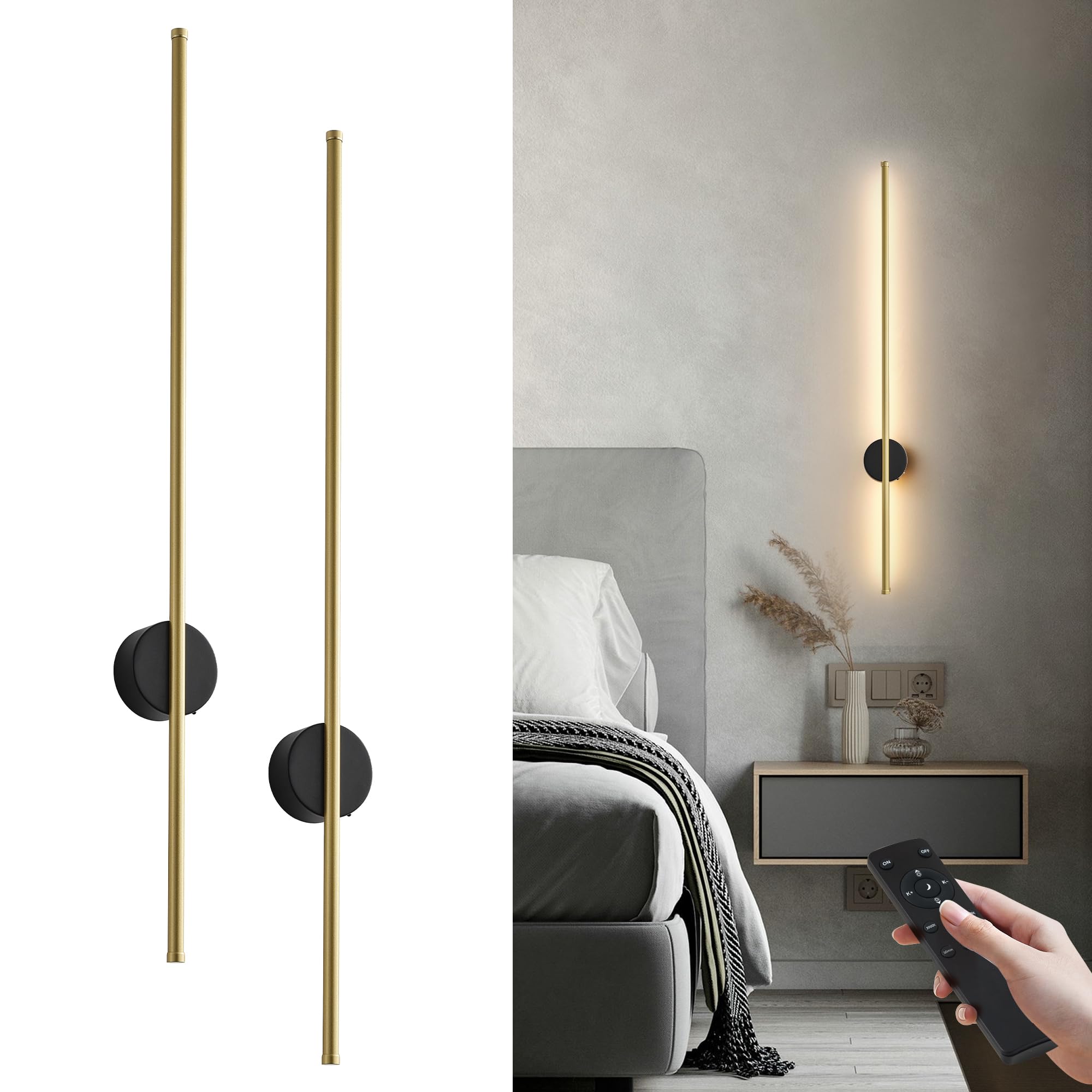KARTOOSH Battery Operated Modern Wall Sconce Set of Two,39.3'', Black Gold