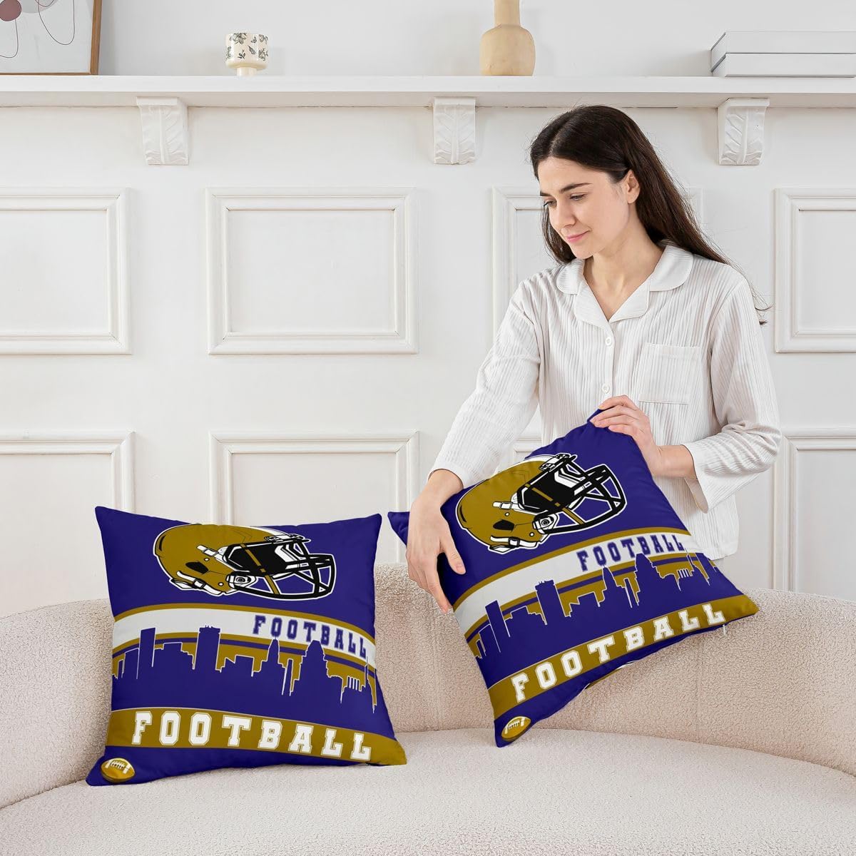 Erosebridal Football City Set of 2 Throw Pillow Covers 24x24 Inch Football Pillow Covers Kids Purple Rugby Game Cushion Covers Football Fans Sports Ball Competition Cushion Cases