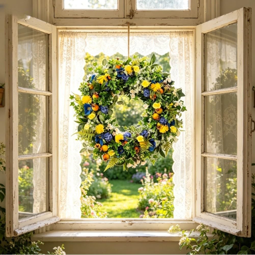 KiraKira Couronne de printemps verte et bleue de 45 cm, guirlande de fleurs artificielles en soie pour porte, mur, intérieur, extérieur, décoration saisonnière