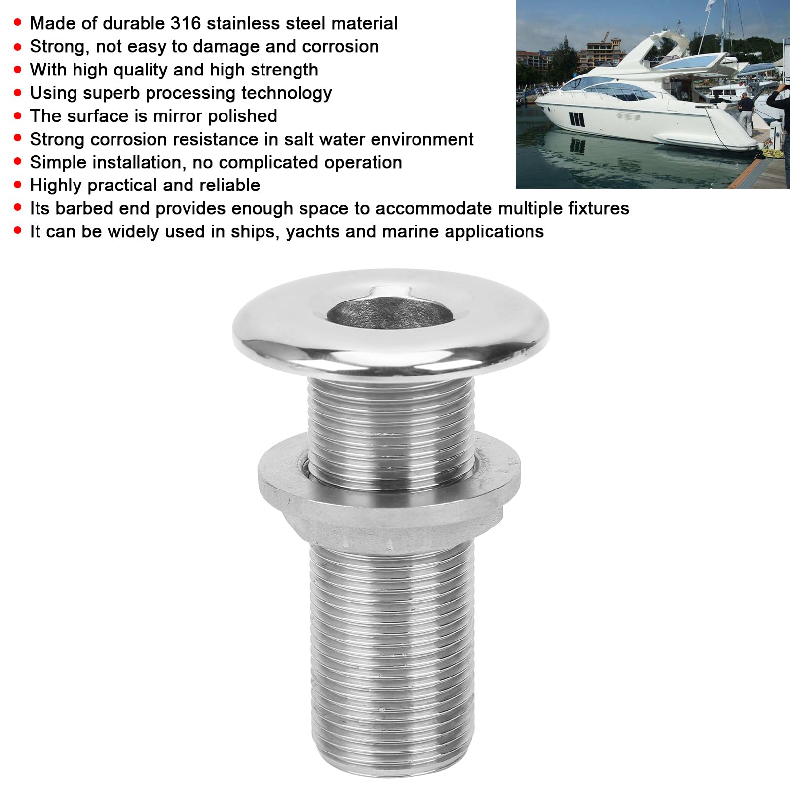 Accesorio Recto a Través del Casco Marino, 73mm de Largo 3/4 Pulgadas Salida de Drenaje de Agua de Acero Inoxidable 316 Válvula de Plomería Universal, Manguera a Través del Conector de Drenaje