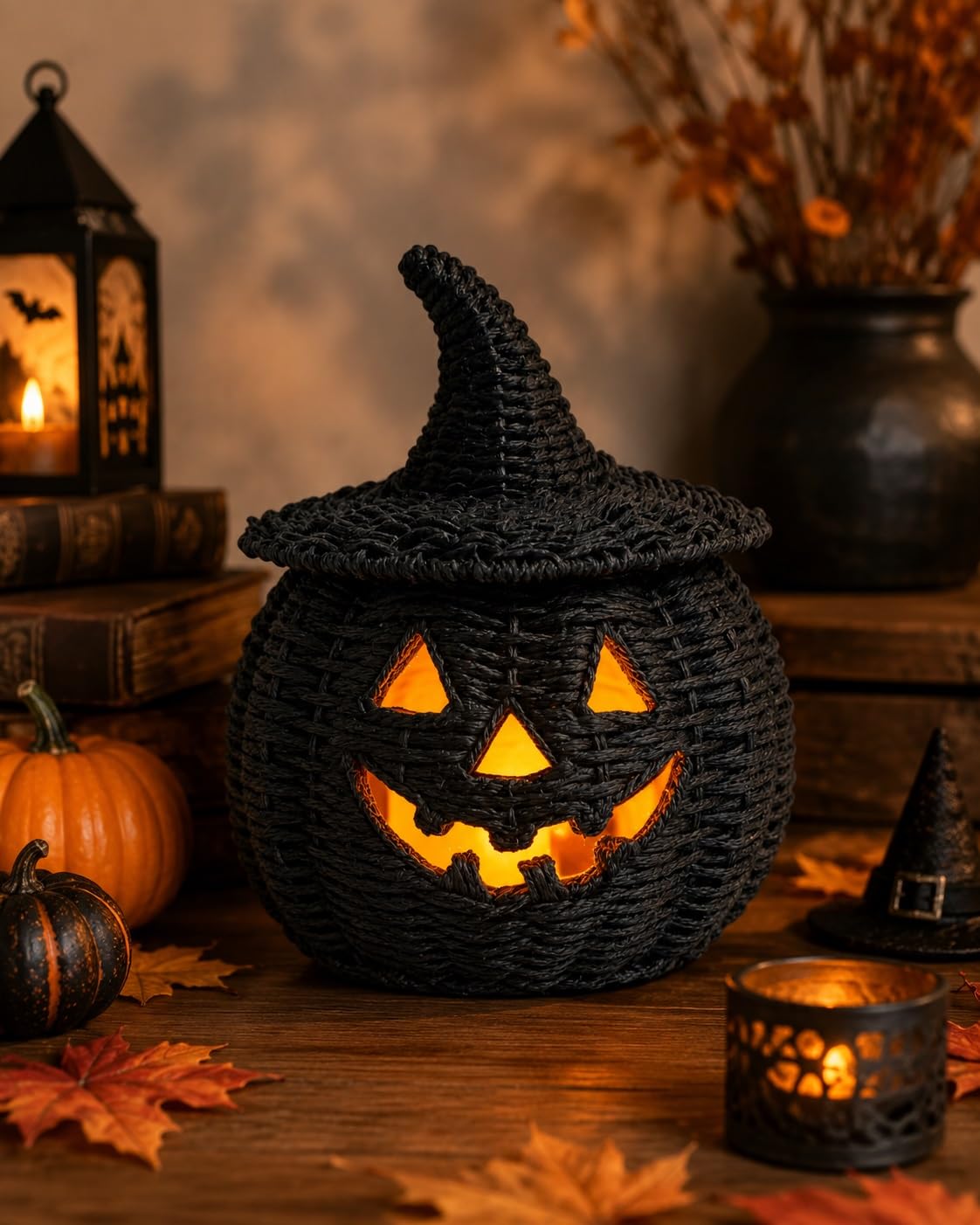 Halloween Woven Seagrass Pumpkin Lantern with Witch Hat Lid
