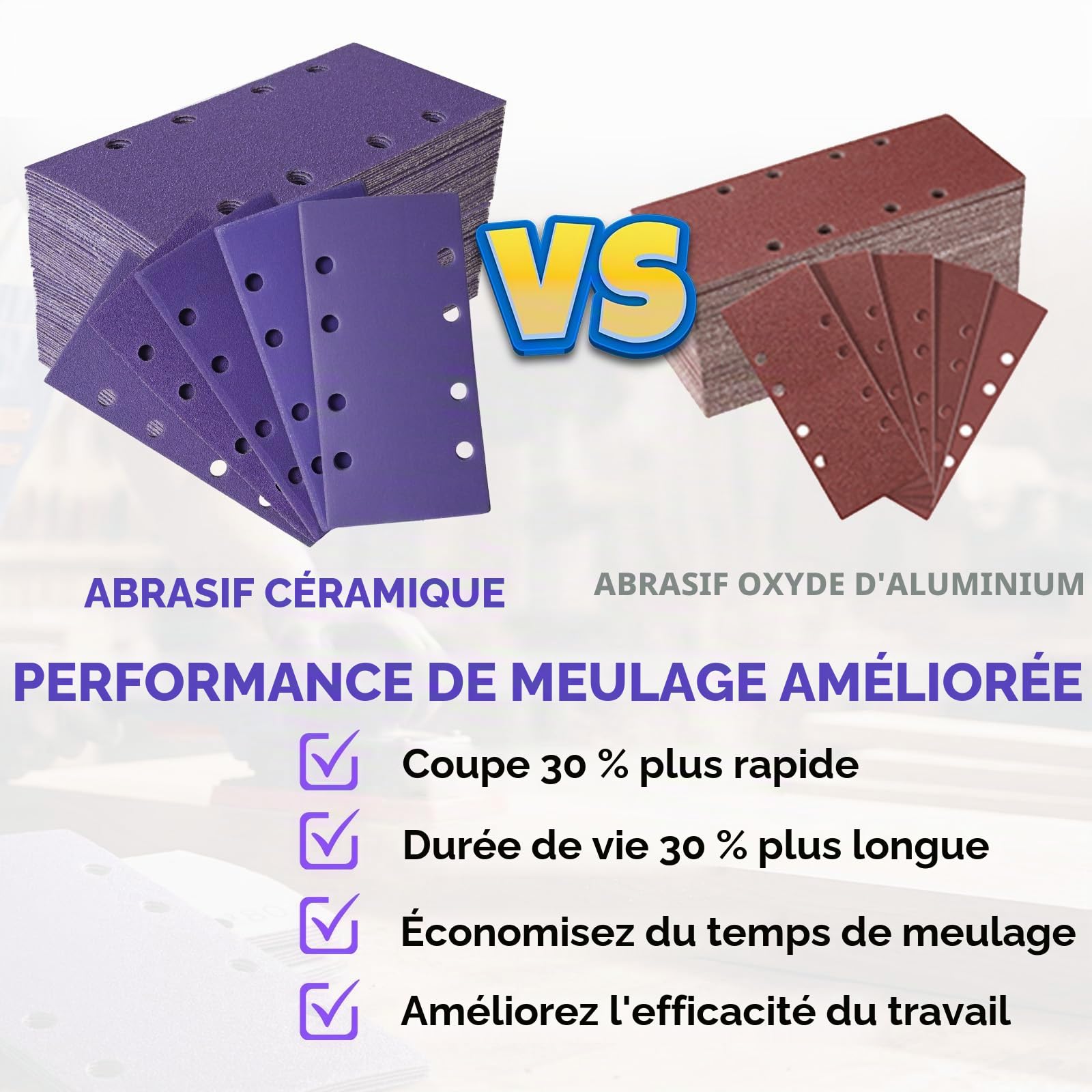 50 Pièces Feuilles Abrasives Céramique 93x185mm, Grain 60/80/120/240/400 Papier a Poncer 8 Trous Rectangulaire Papier de Verre pour Ponceuse Orbitales Ponçage Bois Métal Peinture