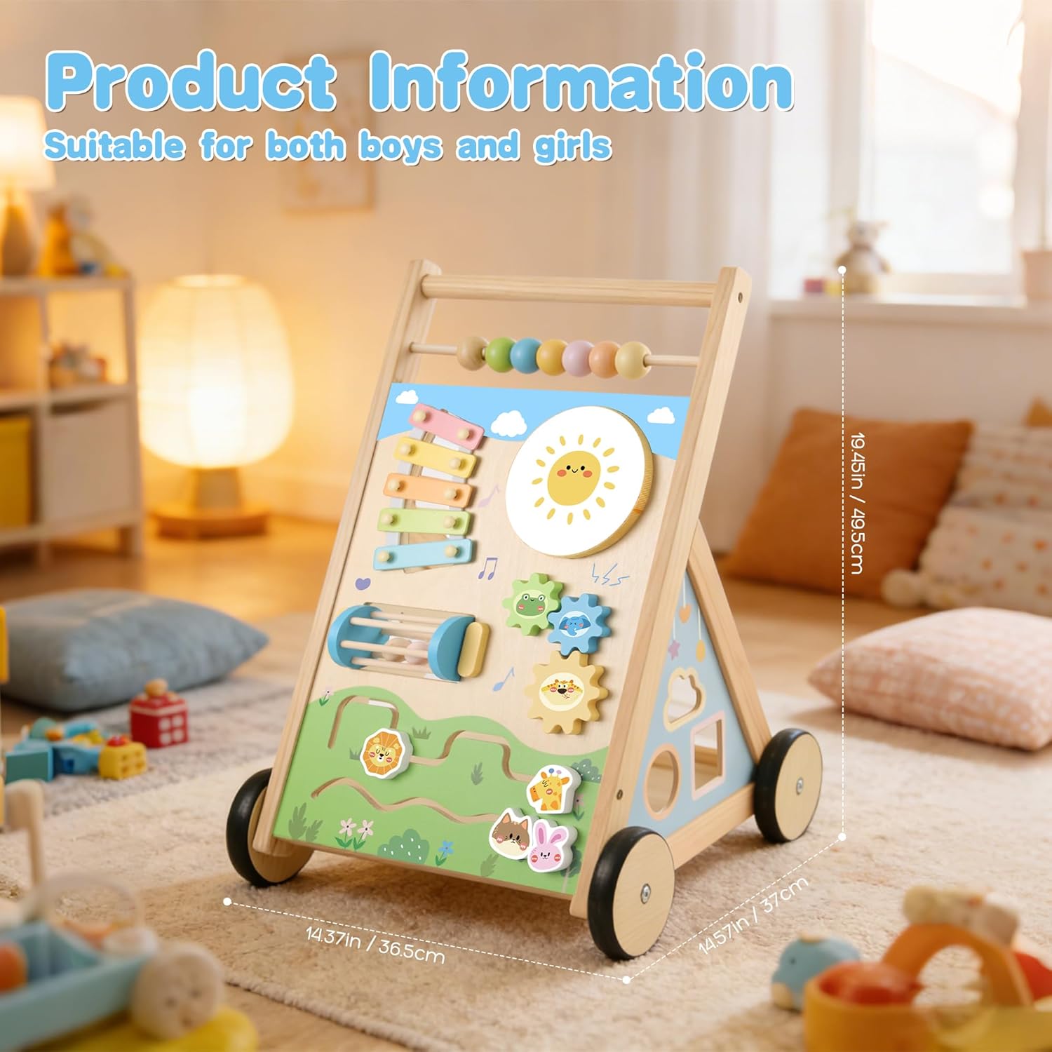 Wooden Baby Walker, Baby Walker with Wheels, Includes Montessori Sensory Toys and Activity Center, 6-18 Months for Boys and Girls